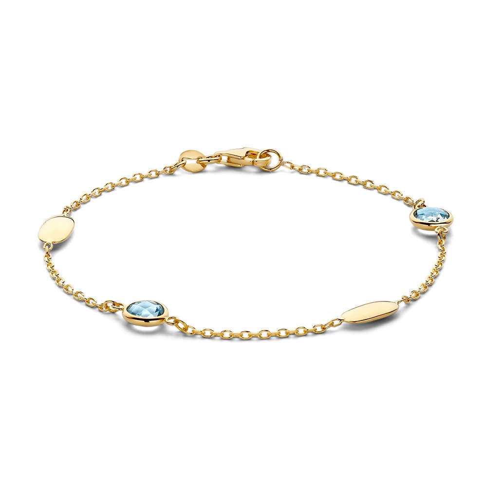 Fijne, geelgouden armband met blauwe topazen en ovale elementen.
