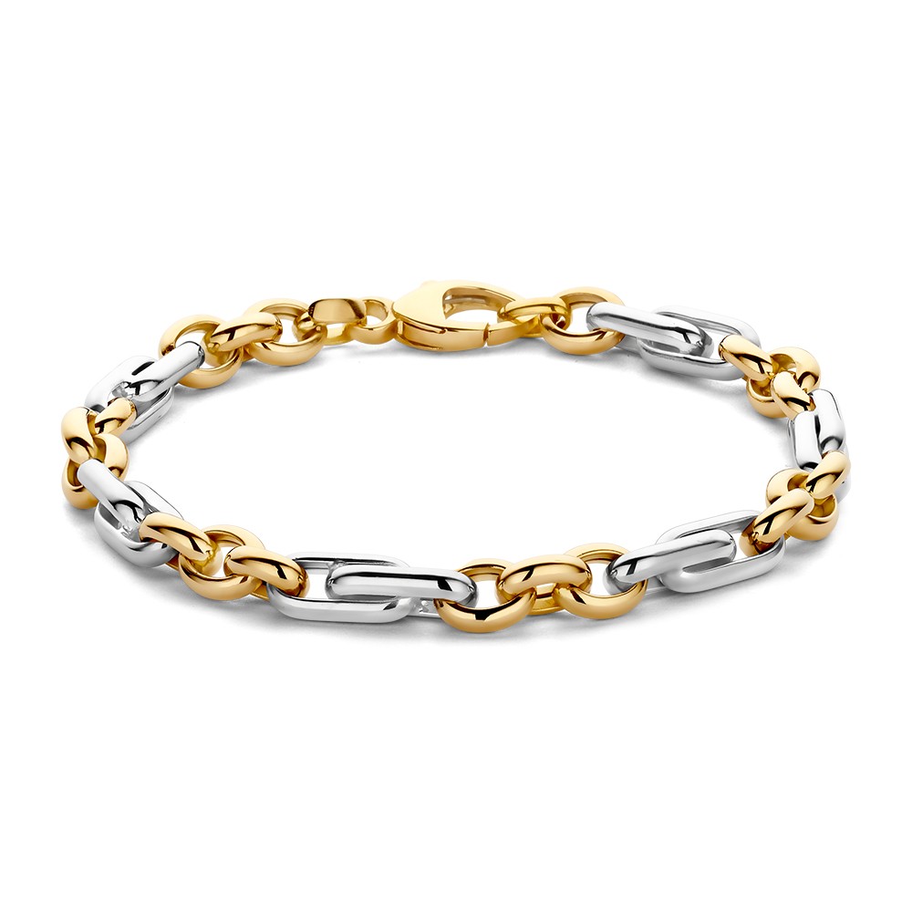 Opvallende bicolor wit- en geelgouden schakelarmband met open schakels.
