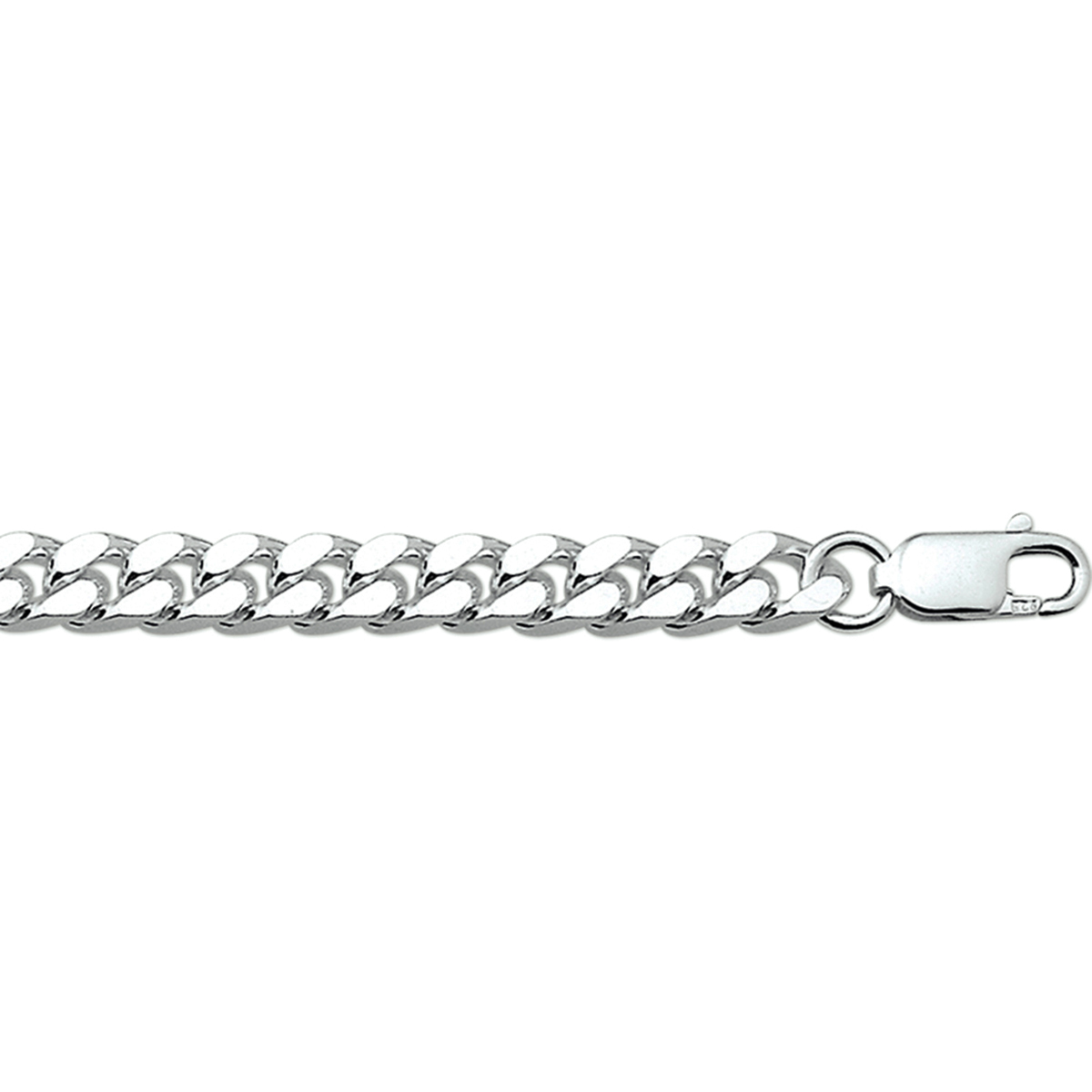 Zilveren lengte artikel met geslepen gourmette schakel. De schakelbreedte is 5.5mm.