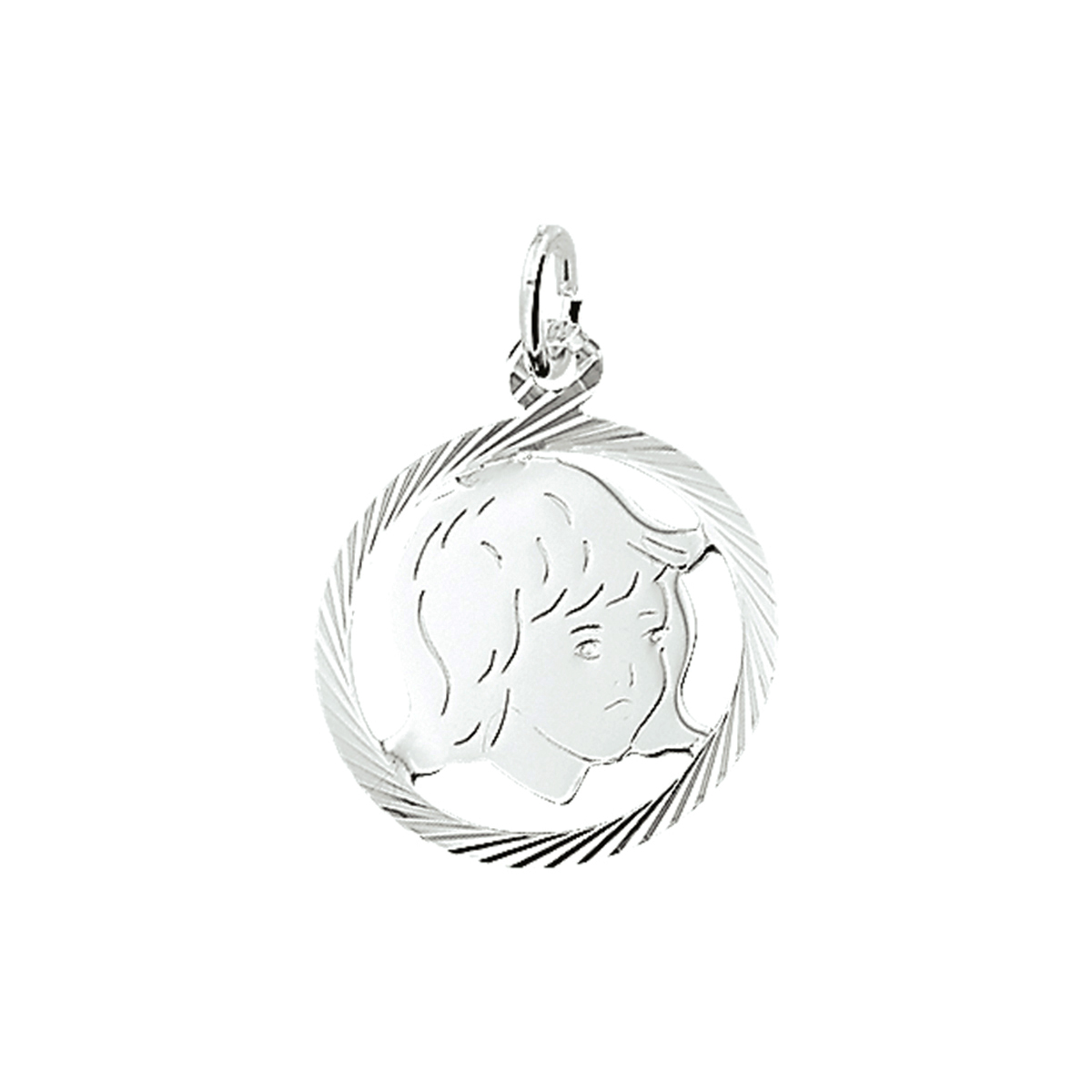 Zilveren hanger met een kinderhoofdje en een gediamanteerde afwerking. 
Breedte: 19 mm