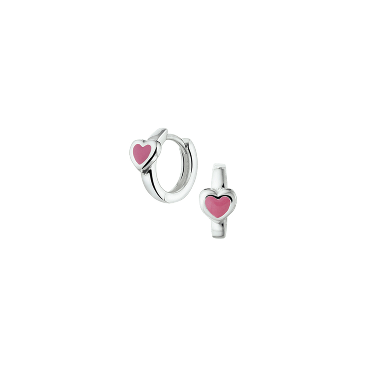 Zilveren klapoorringen van 11x5.5mm uitgevoerd met een hart van roze emaille. De klapoorringen zijn tevens verkrijgbaar uitgevoerd met hartjes van rode emaille.