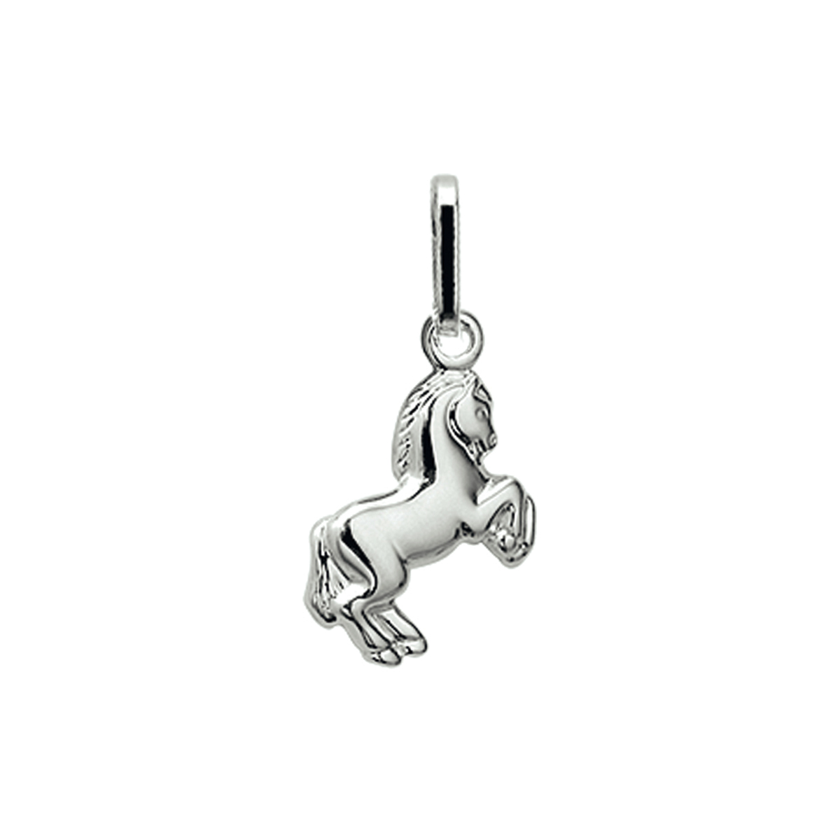 Zilveren hanger in de vorm van een paard met een afmeting van 13.7x8.9mm en uitgevoerd met een stevig hangoog.