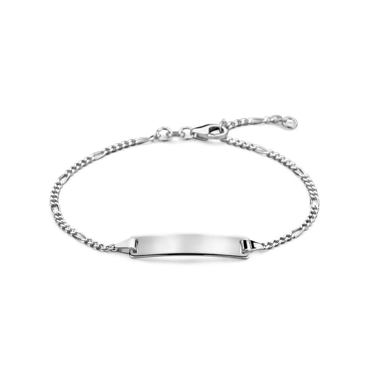 925 zilveren graveerarmband uitgevoerd met een graveerplaat. De armband heeft een draaglengtes van 16 en 18cm. De schakelbreedte is 1.9mm. De plaat heeft een afmeting van 25x5mm. Uitgevoerd met karabijn sluiting. De dikte van de plaat is 0.8mm.