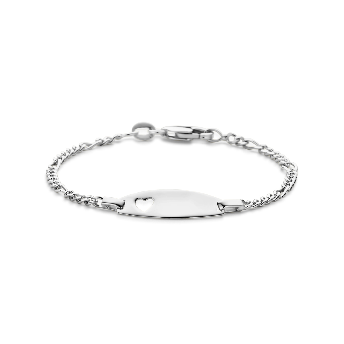 Zilveren 925 graveerarmband uitgevoerd met een hartje. De armband heeft draaglengtes van 11-13cm en een schakelbreedte van 2mm. Het graveerplaatje heeft een afmeting van 6.5x20mm. Uitgevoerd met karabijnsluiting.