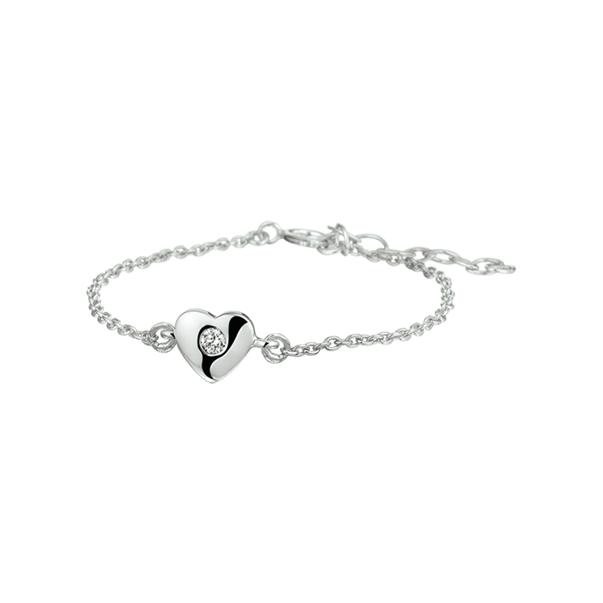 Gerhodineerd zilveren armband met een hart en zirkonia. De armband is onderdeel van een set. De lengte bedraagt 13cm met 3cm extensie en de schakelbreedte bedraagt 1.5mm.