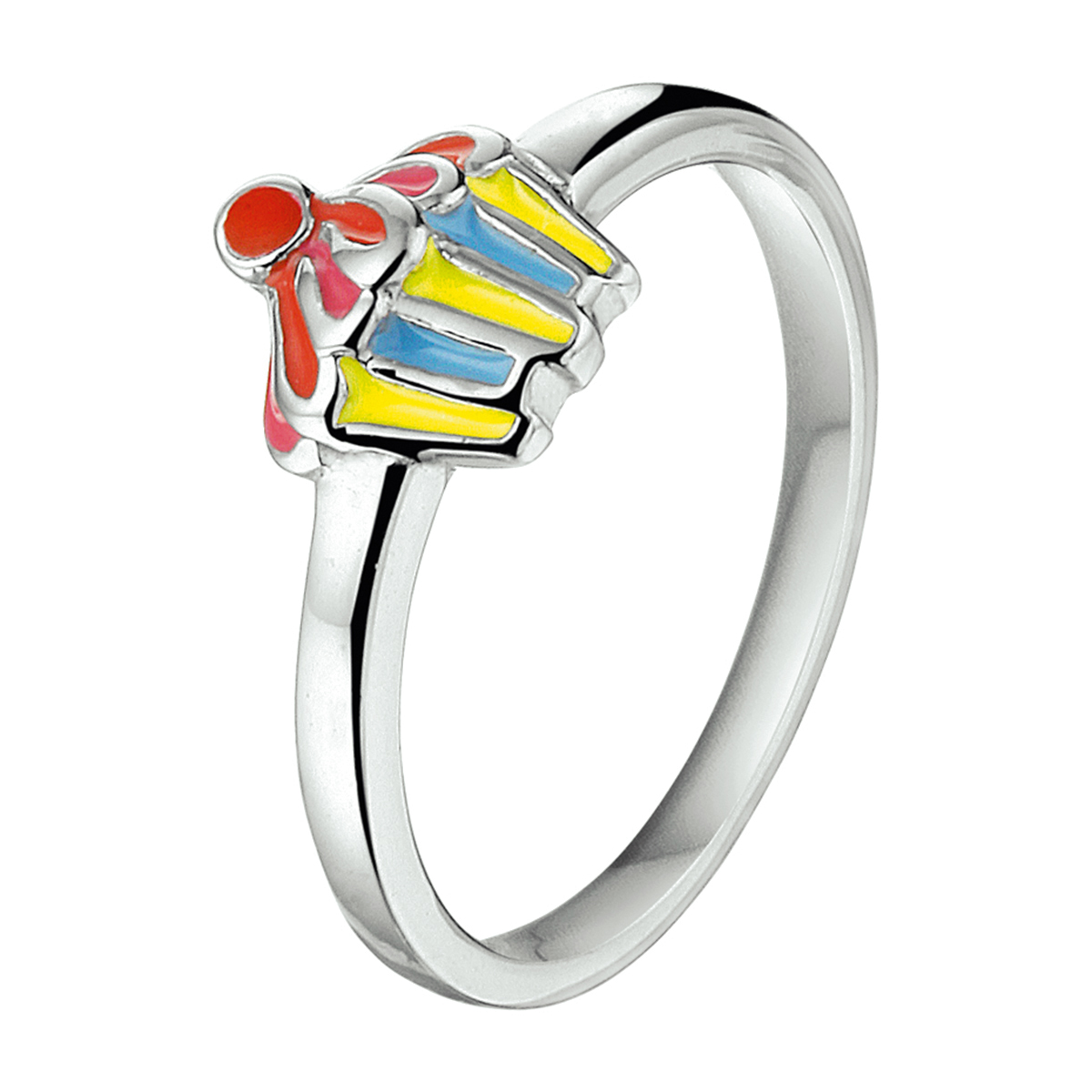 Gerhodineerd zilveren cupcake ring uitgevoerd met een kleurrijke emaille afwerking. De ring is er in verschillende maten en de cupcake heeft een afmeting van 7x6.5mm. U kunt deze ring combineren met bijpassende sieraden uit onze collectie.