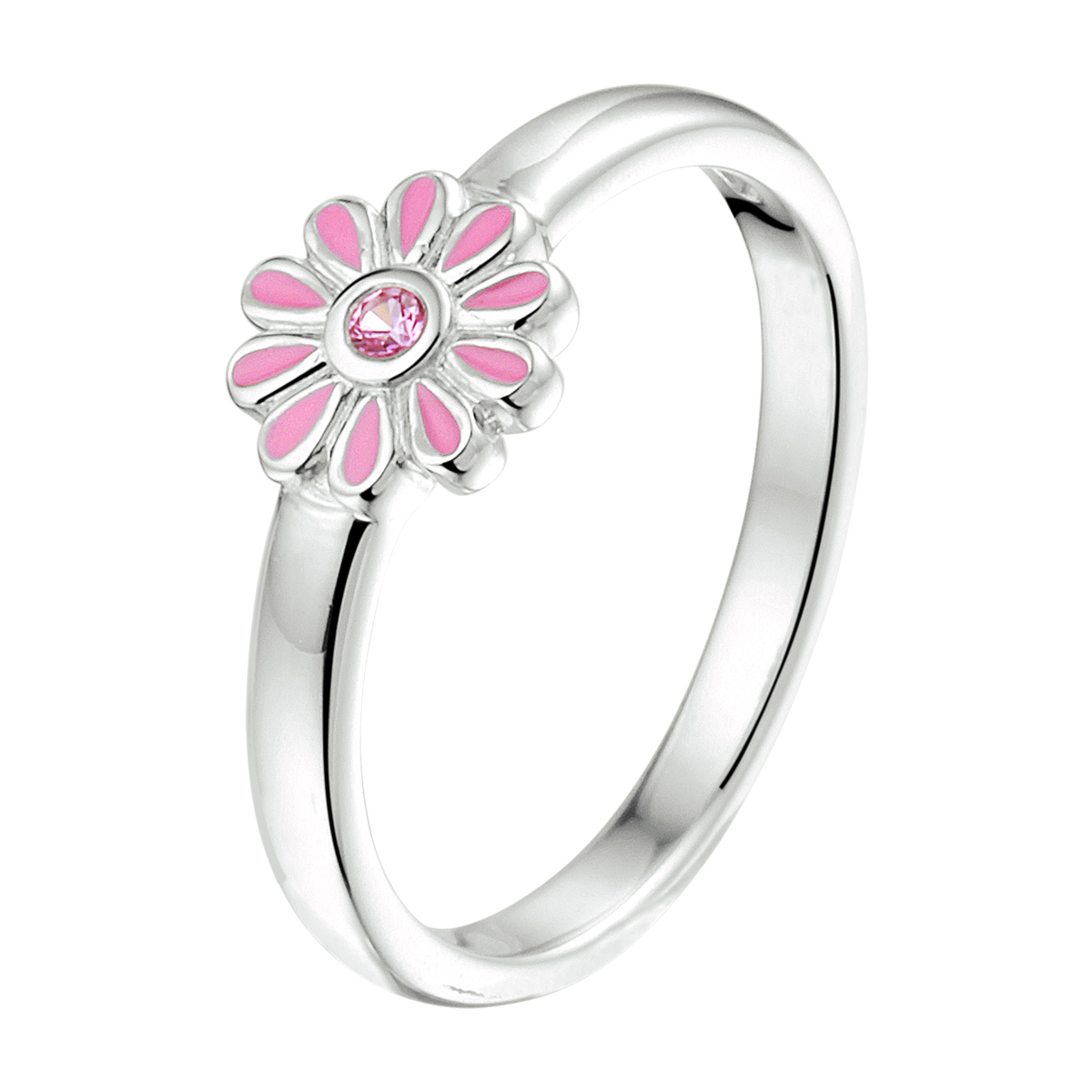 Gerhodineerd 925 zilveren ring uitgevoerd met een bloem met daarin een schitterende roze zirkonia. De ring heeft een breedte van 6.5mm.