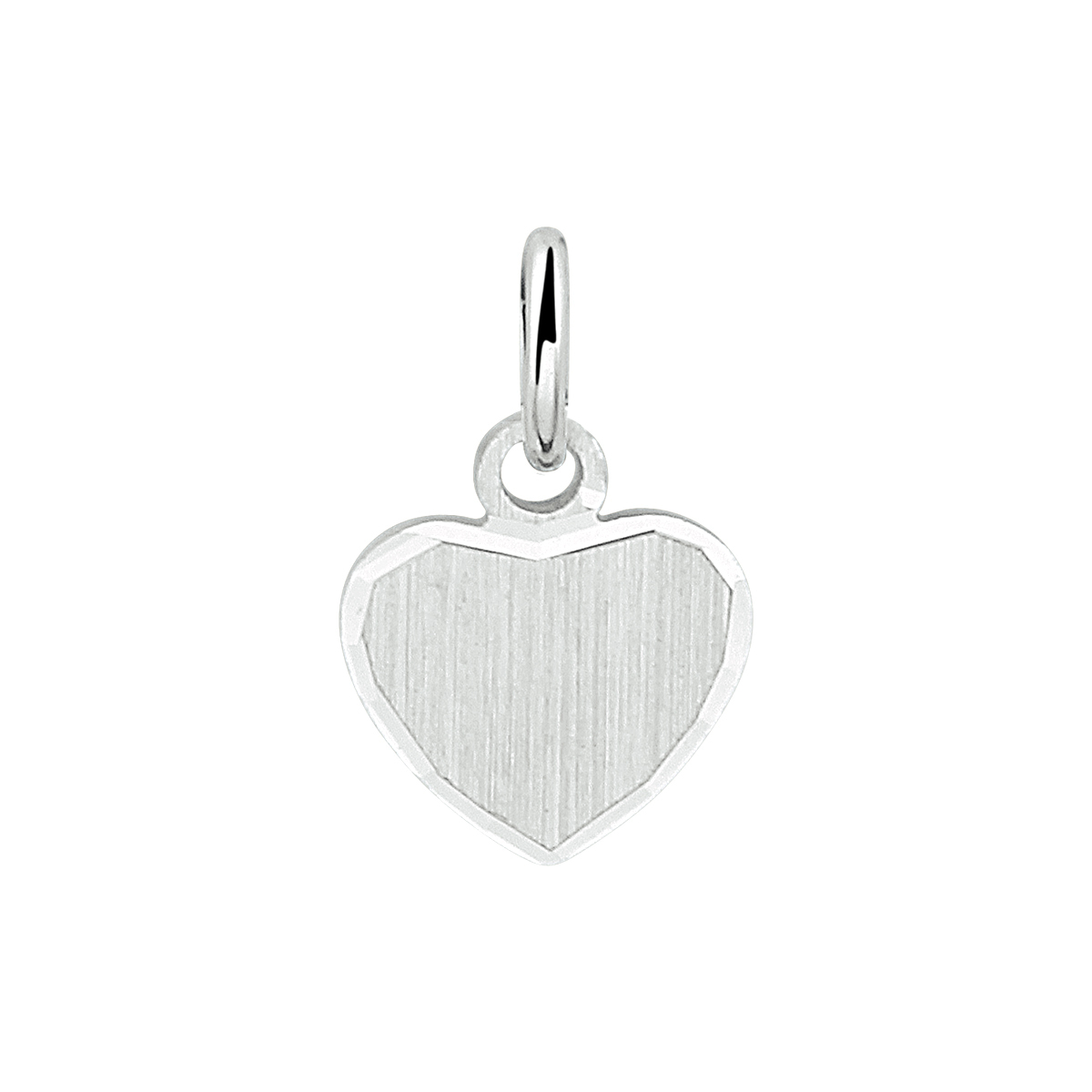 Gerhodineerd 925 zilveren graveerhanger in de vorm van een hart met een mat/gediamanteerde afwerking. De hanger heeft een totale hoogte van 1.2cm en een breedte van 8mm.