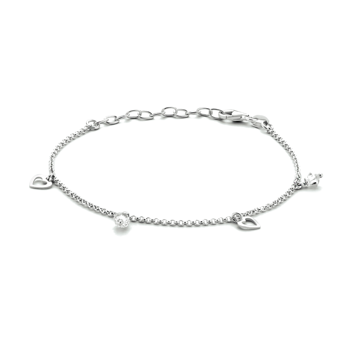 Gerhodineerd 925 zilveren enkelbandje. Het enkelbandje heeft een draaglengte van 18cm met een extensie van 4cm en een stevige karabijn sluiting.