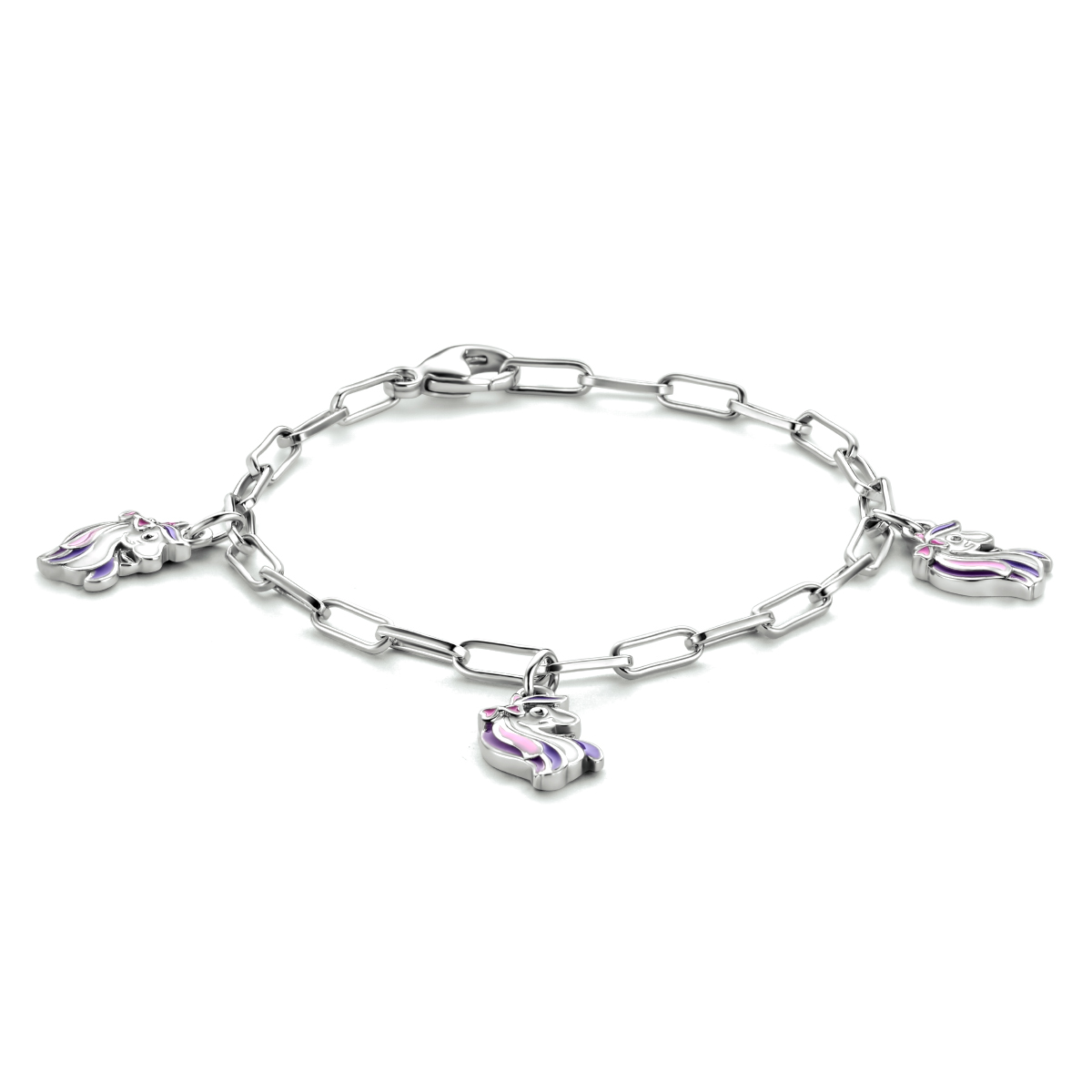 Gerhodineerd 925 zilveren armband uitgevoerd met 3 eenhoorn hangers van 11x7mm en een karabijn sluiting. De armband heeft een draaglengte van 13cm. De schakelbreedte is 2.4mm.