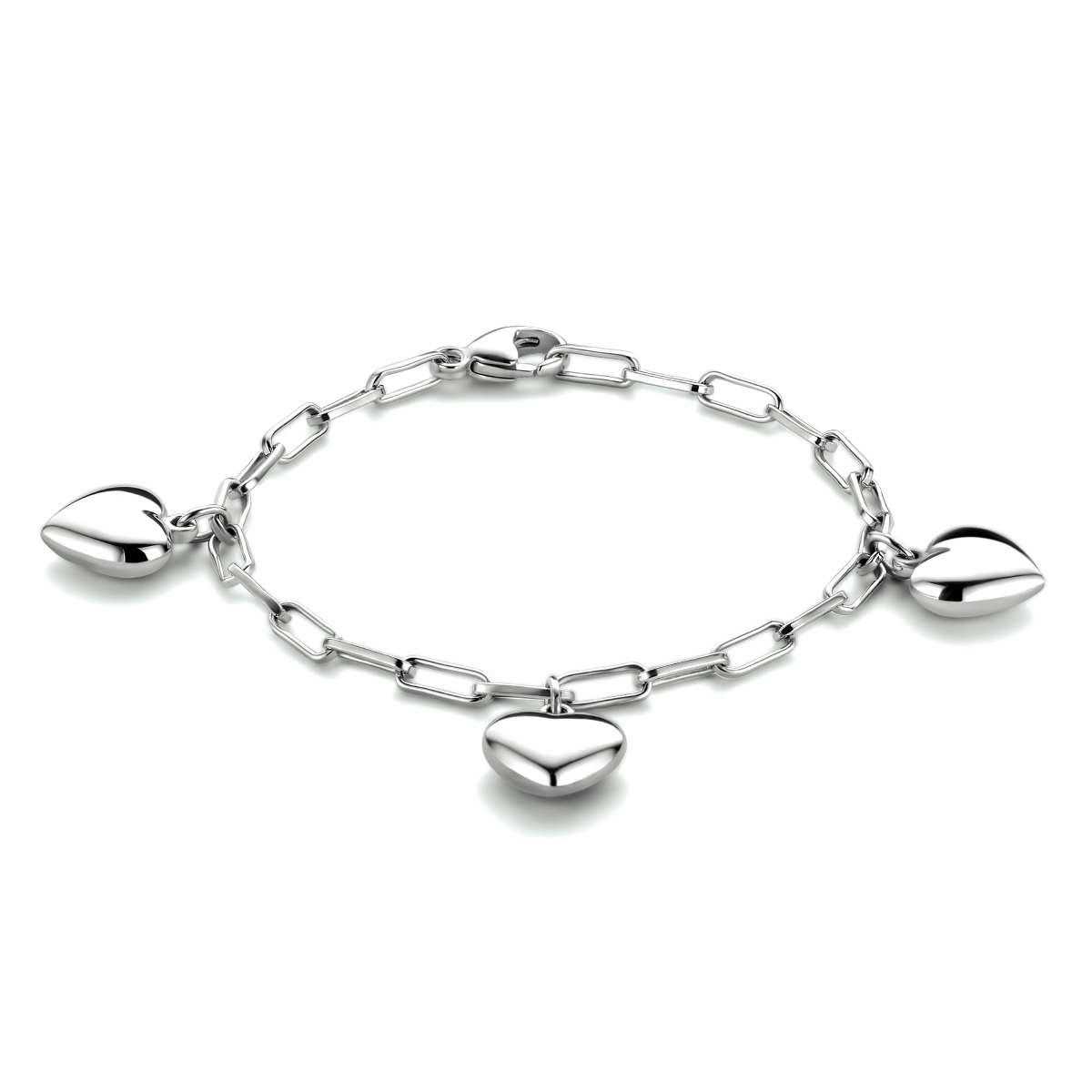 Gerhodineerd 925 zilveren armband uitgevoerd met 3 hartjes van 8x8.5mm en een karabijn sluiting. De armband heeft een draaglengte van 13cm. De schakelbreedte is 2.4mm.