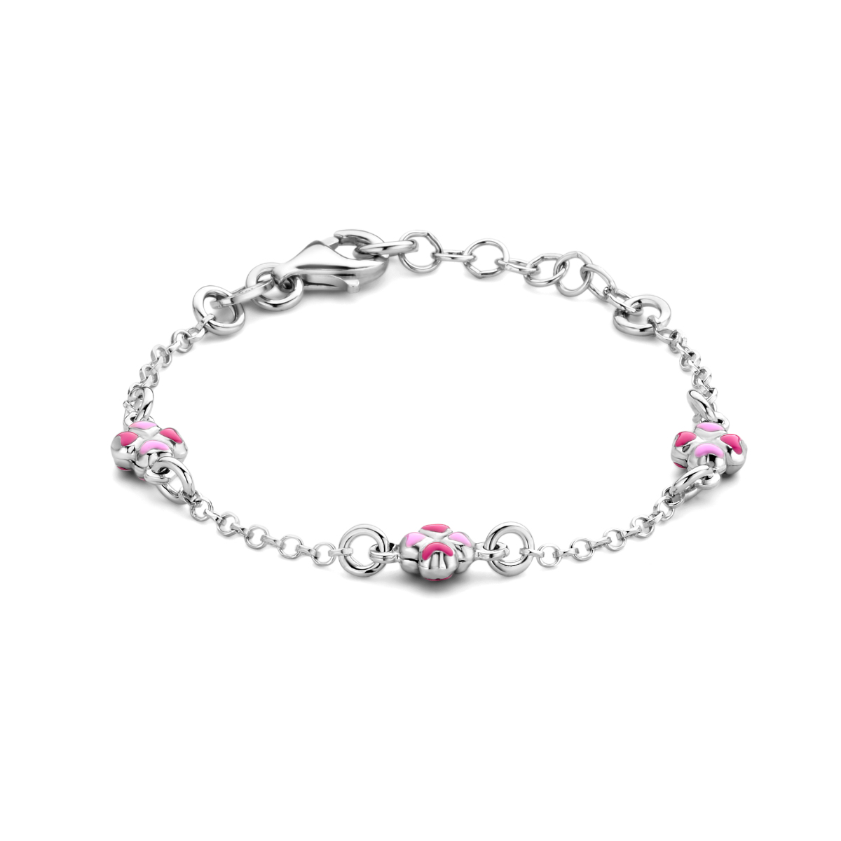 Gerhodineerd 925 zilveren armband uitgevoerd met klavertjes en een karabijn sluiting. De armband heeft een draaglengte van 11cm en een extensie van 2cm. De schakelbreedte is 1.7mm.