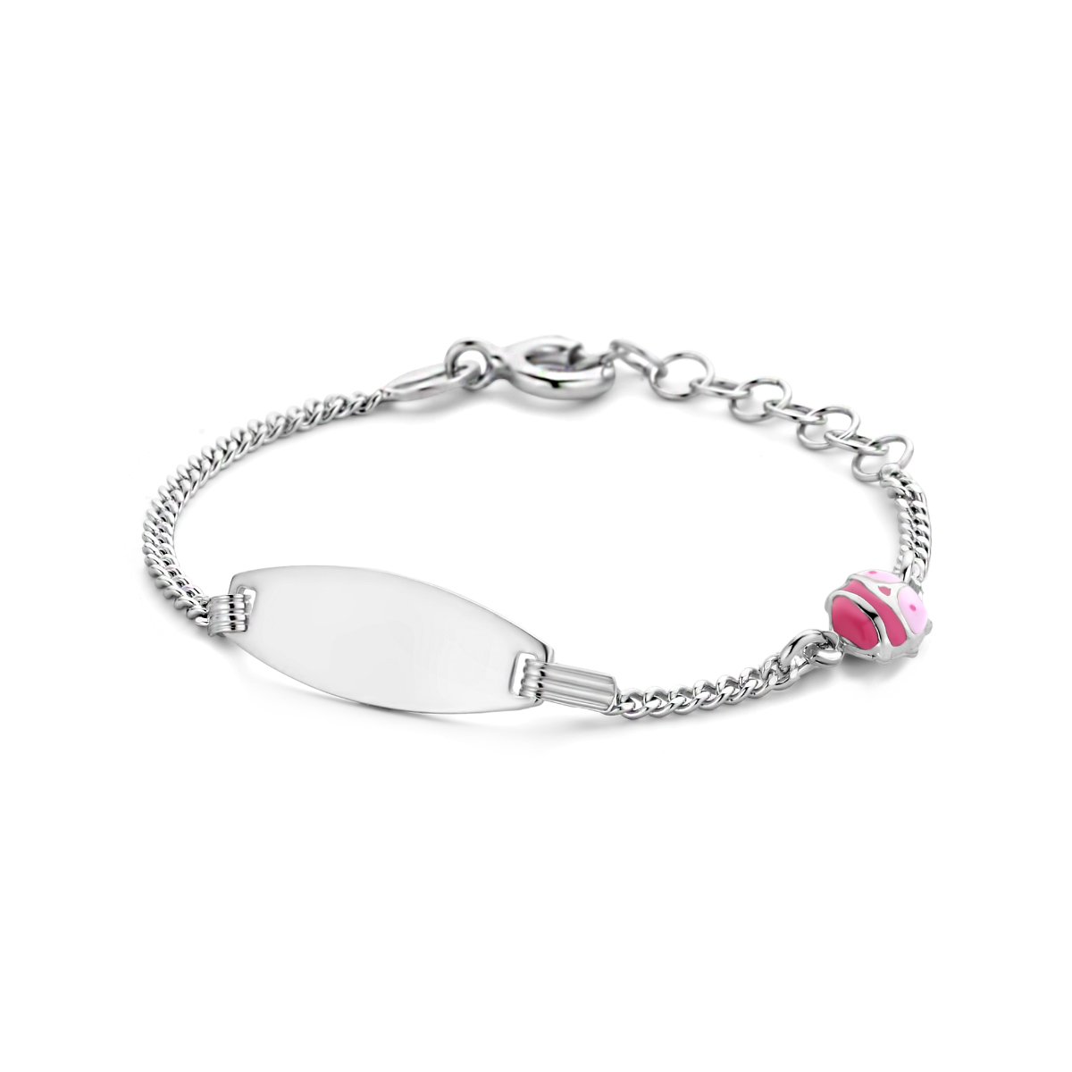 Gerhodineerd 925 zilveren graveerarmband uitgevoerd met een lieveheersbeestje. De armband heeft een draaglengte van 11cm en een extensie van 2cm. De schakelbreedte is 1.6mm.&nbsp;De graveerplaat heeft een dikte van 0.5mm.