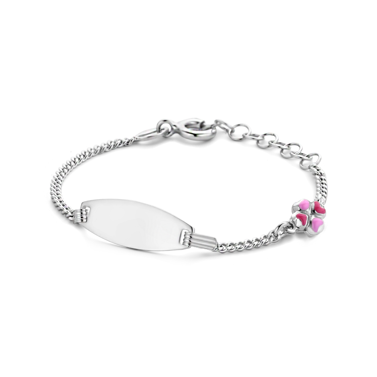 Gerhodineerd 925 zilveren graveerarmband uitgevoerd met een klavertje. De armband heeft een draaglengte van 11cm en een extensie van 2cm. De schakelbreedte is 1.6mm.&nbsp;De graveerplaat heeft een dikte van 0.5mm.