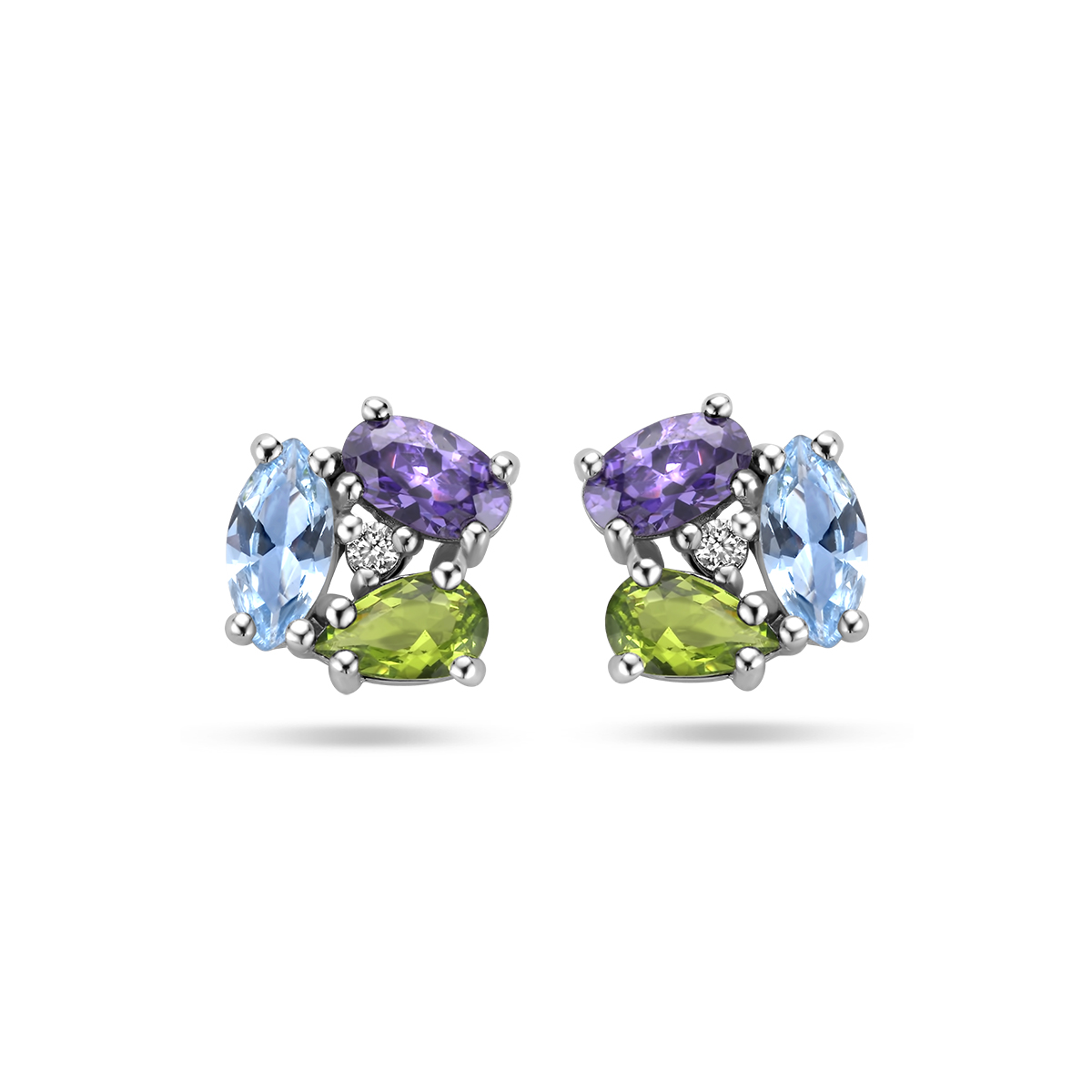 Gerhodineerd 925 zilveren oorknoppen uitgevoerd met vier stenen: zirkonia, zirkonia amethist, synthetisch blauw spinel en synthetisch peridot. De oorknoppen hebben een afmeting van 8x8mm.