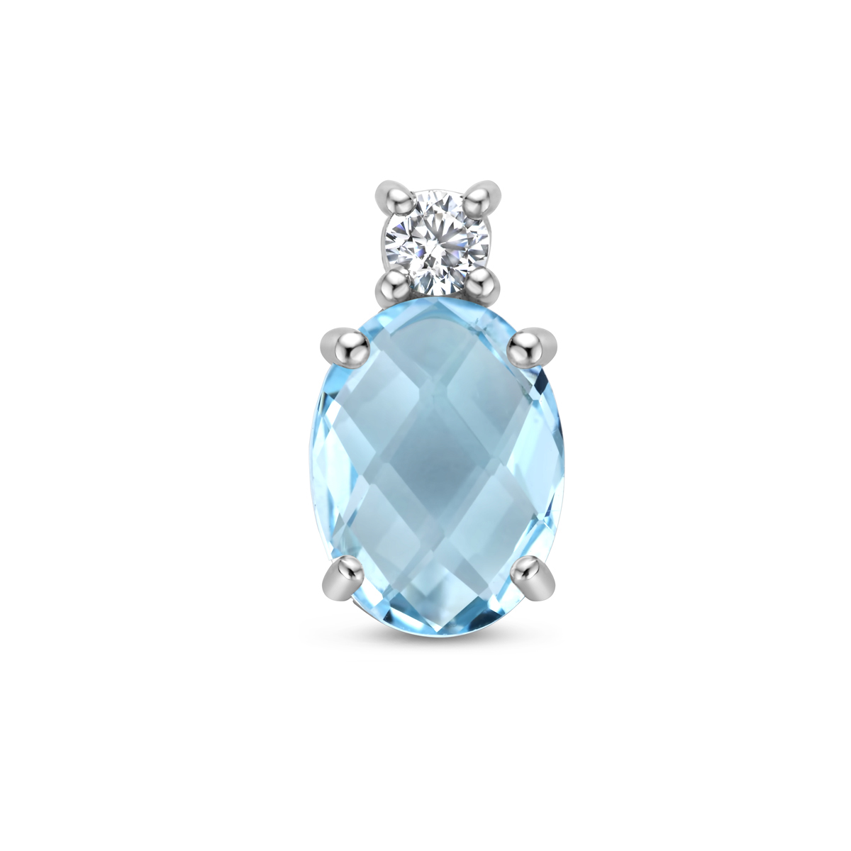 Gerhodineerd 925 zilveren hanger uitgevoerd met blauw topaas en zirkonia. De hanger heeft een afmeting van 13x8mm.