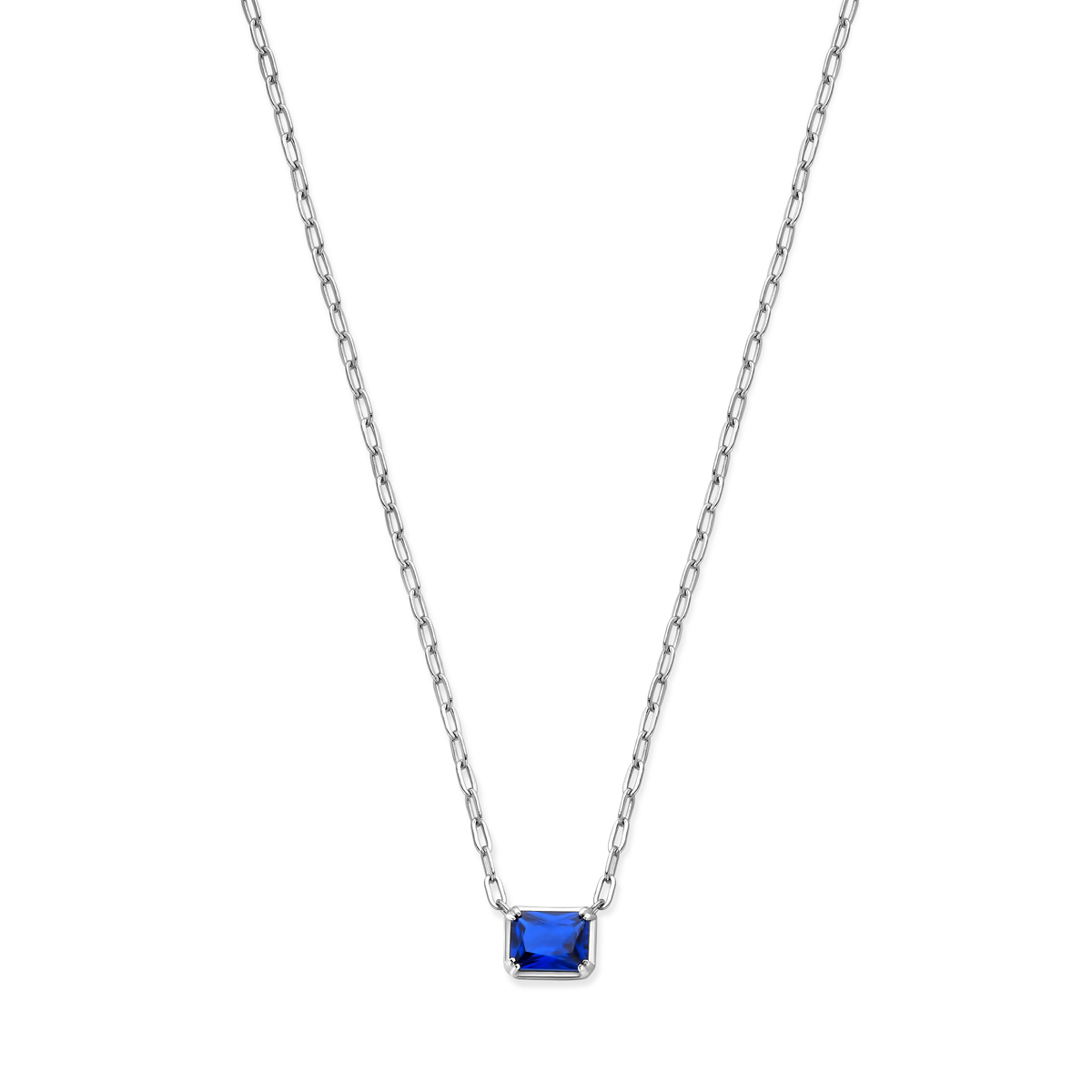 Gerhodineerd 925 zilveren collier uitgevoerd met blauwe zirkonia. Het collier heeft een draaglengte van 40cm met 4cm extensie en een schakelbreedte van 2mm.