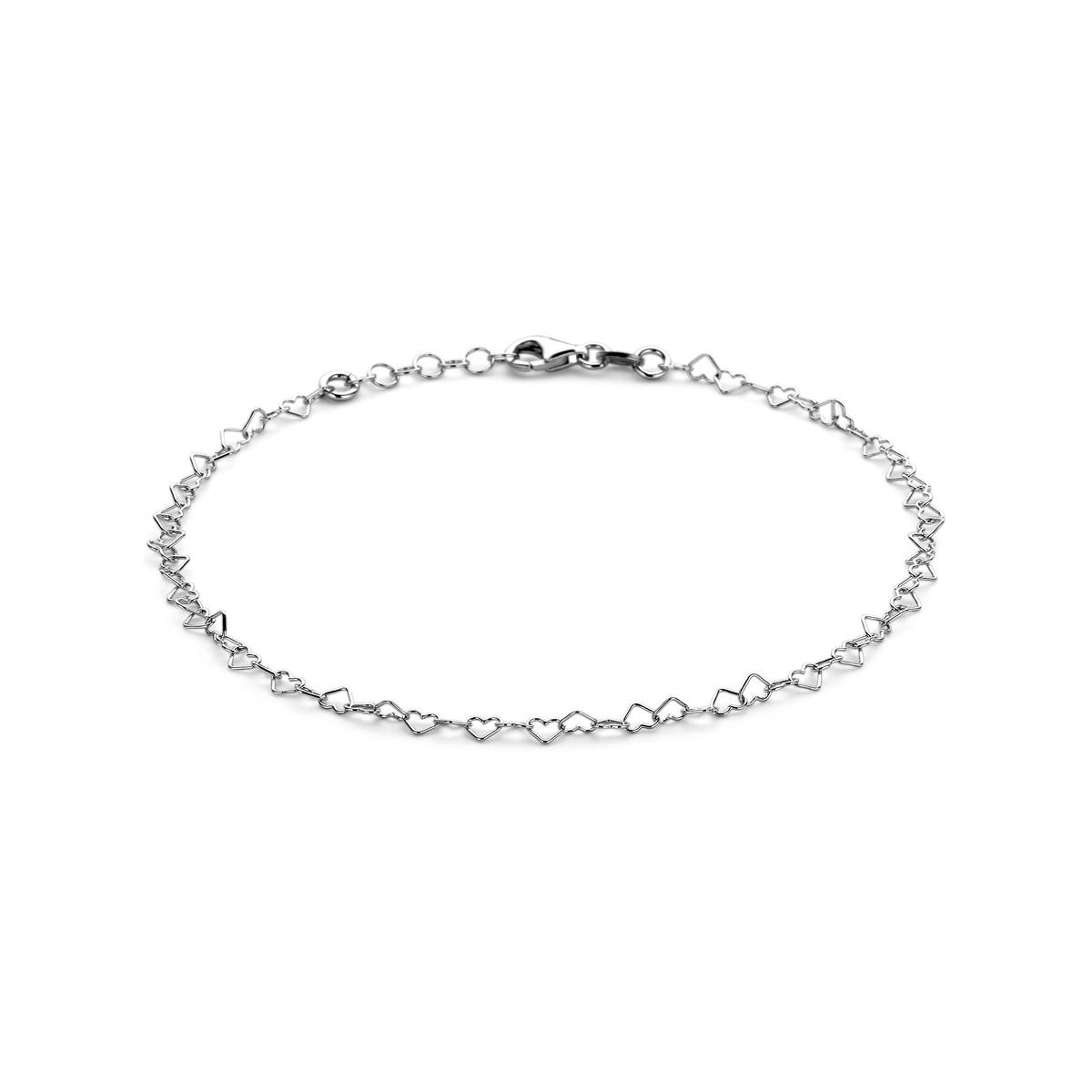 Gerhodineerd zilveren enkelbandje met een draaglengte van 24cm en een extensie van 2cm. Het enkelbandje is uitgevoerd met een karabijn sluiting.