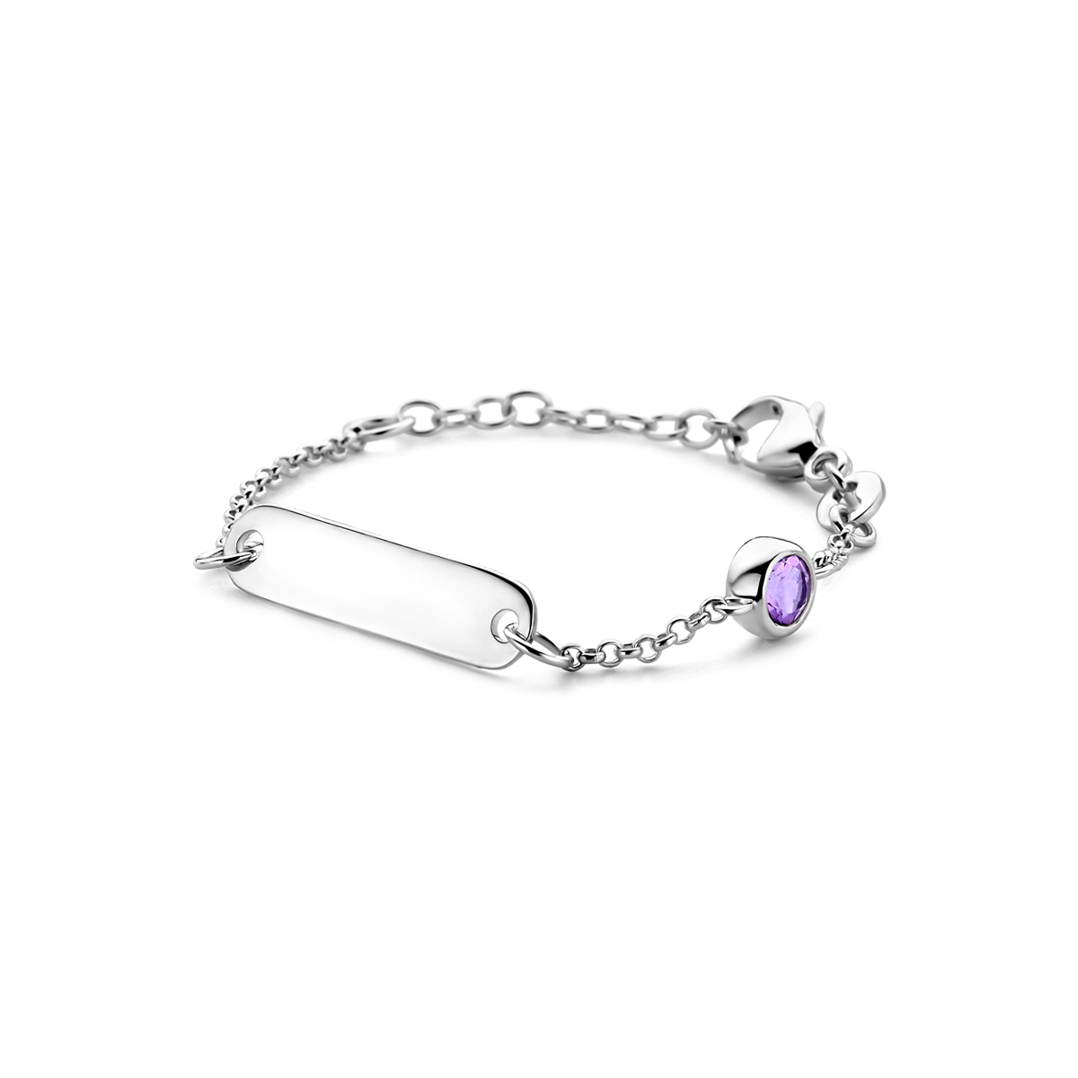 Gerhodineerd 925 zilveren graveerarmband uitgevoerd met een geboortesteen. De armband heeft een draaglengte van 9cm met 2cm extensie. De schakelbreedte is 1.5mm. De graveerplaat heeft een afmeting van 5x20mm en een dikte van 0.6mm.
