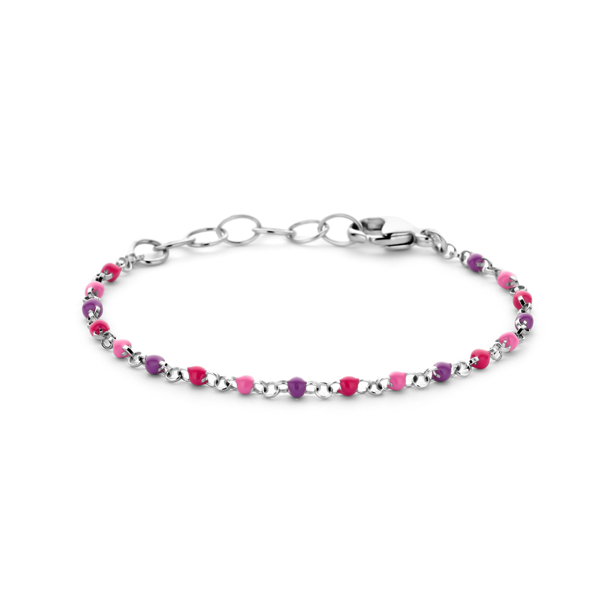 Gerhodineerd 925 zilveren armband uitgevoerd met emaille bolletjes. De armband heeft een draaglengte van 11cm en een extensie van 2cm. Uitgevoerd met karabijnsluiting.  De schakelbreedte is 1.7mm.