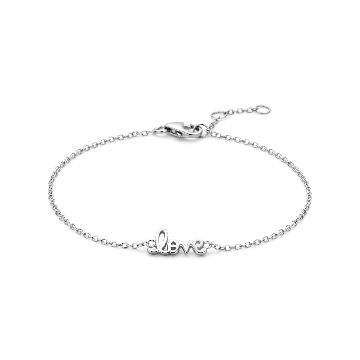 Gerhodineerd 925 zilveren armband uitgevoerd met de tekst love. De armband heeft draaglengtes van 16.5-17.5-18.5cm en is uitgevoerd met karabijnsluiting.