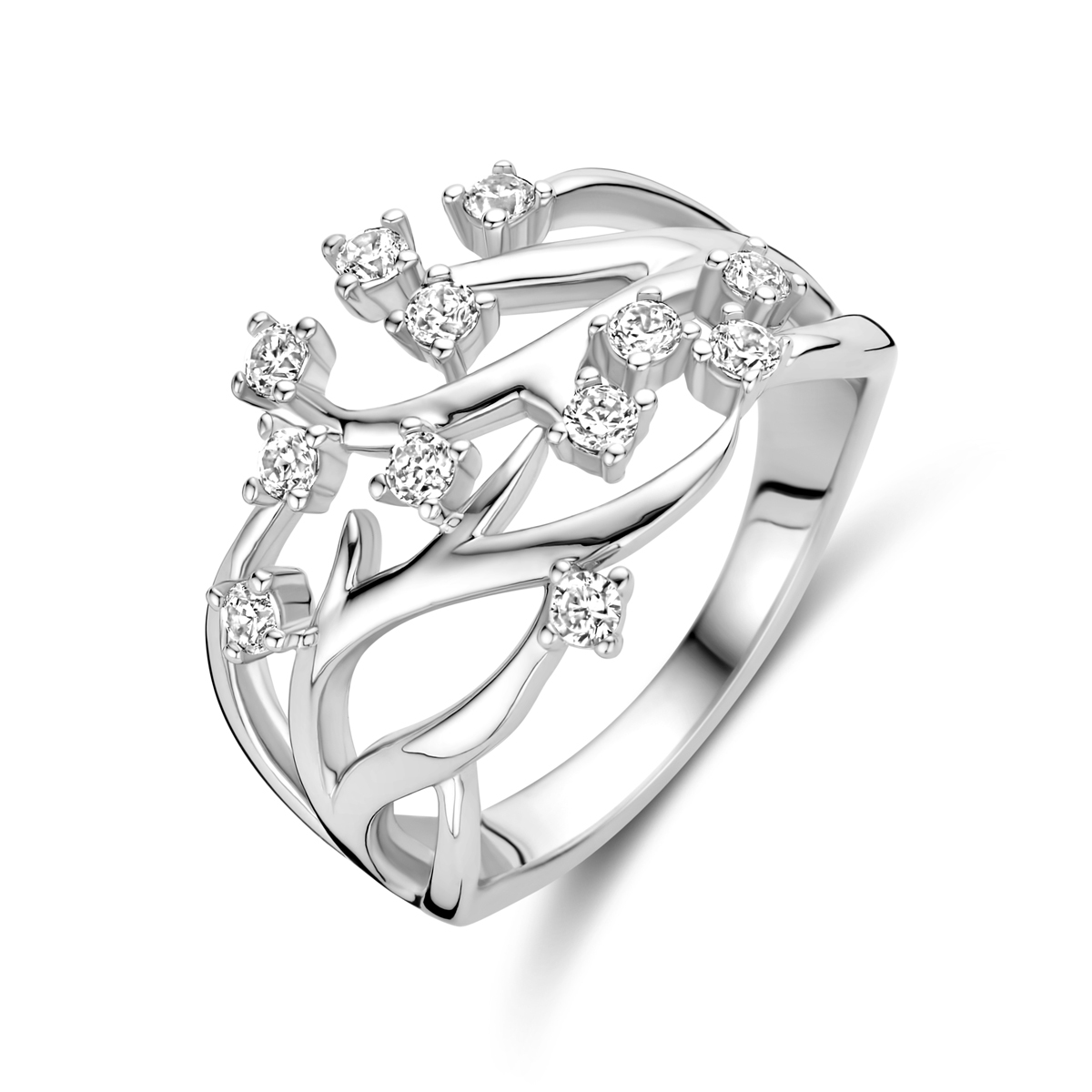 Gerhodineerd 925 zilveren ring uitgevoerd met zirkonia. De ring heeft een breedte van 15mm.