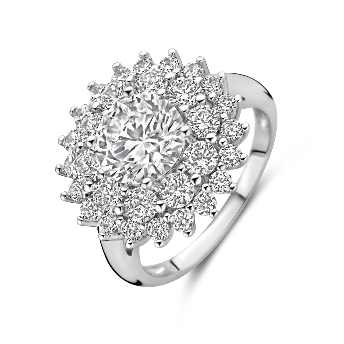 Gerhodineerd 925 zilveren ring uitgevoerd met zirkonia. De ring heeft een diameter van 17.5mm.