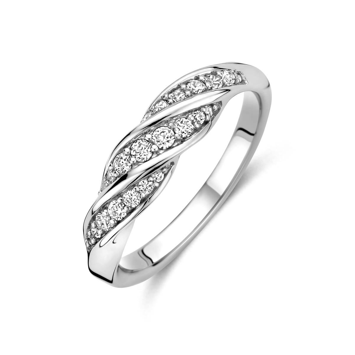 Gerhodineerd 925 zilveren ring met zirkonia. De ring heeft een breedte van 5mm.