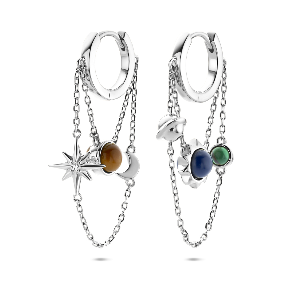 Gerhodineerd 925 zilveren klapoorringen uitgevoerd met lapis, tijgeroog en malachiet. De klapoorringen hebben een totale hoogte van 37mm.