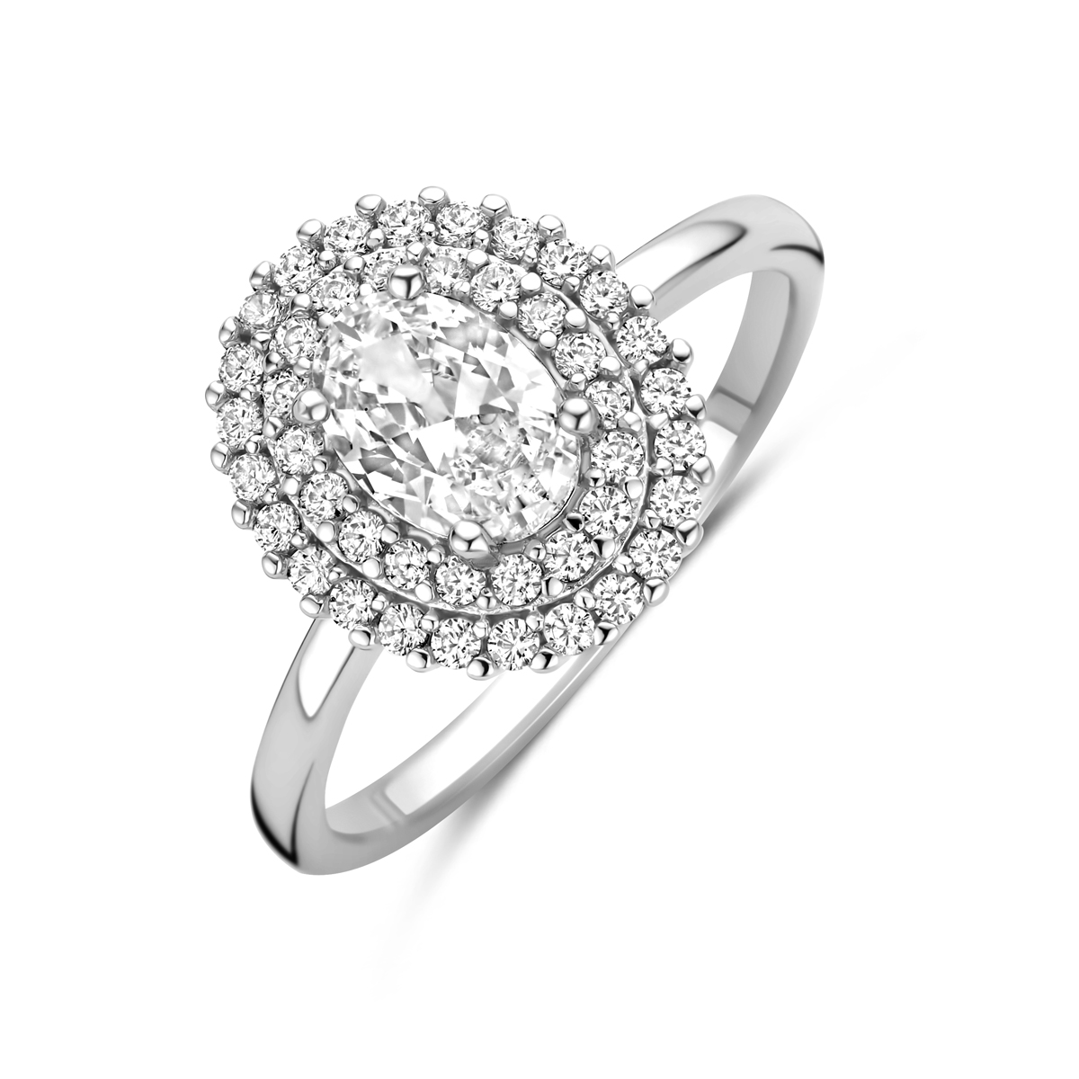 Gerhodineerd 925 zilveren ring uitgevoerd met zirkonia. De ring heeft een afmeting van 12.5x11mm.