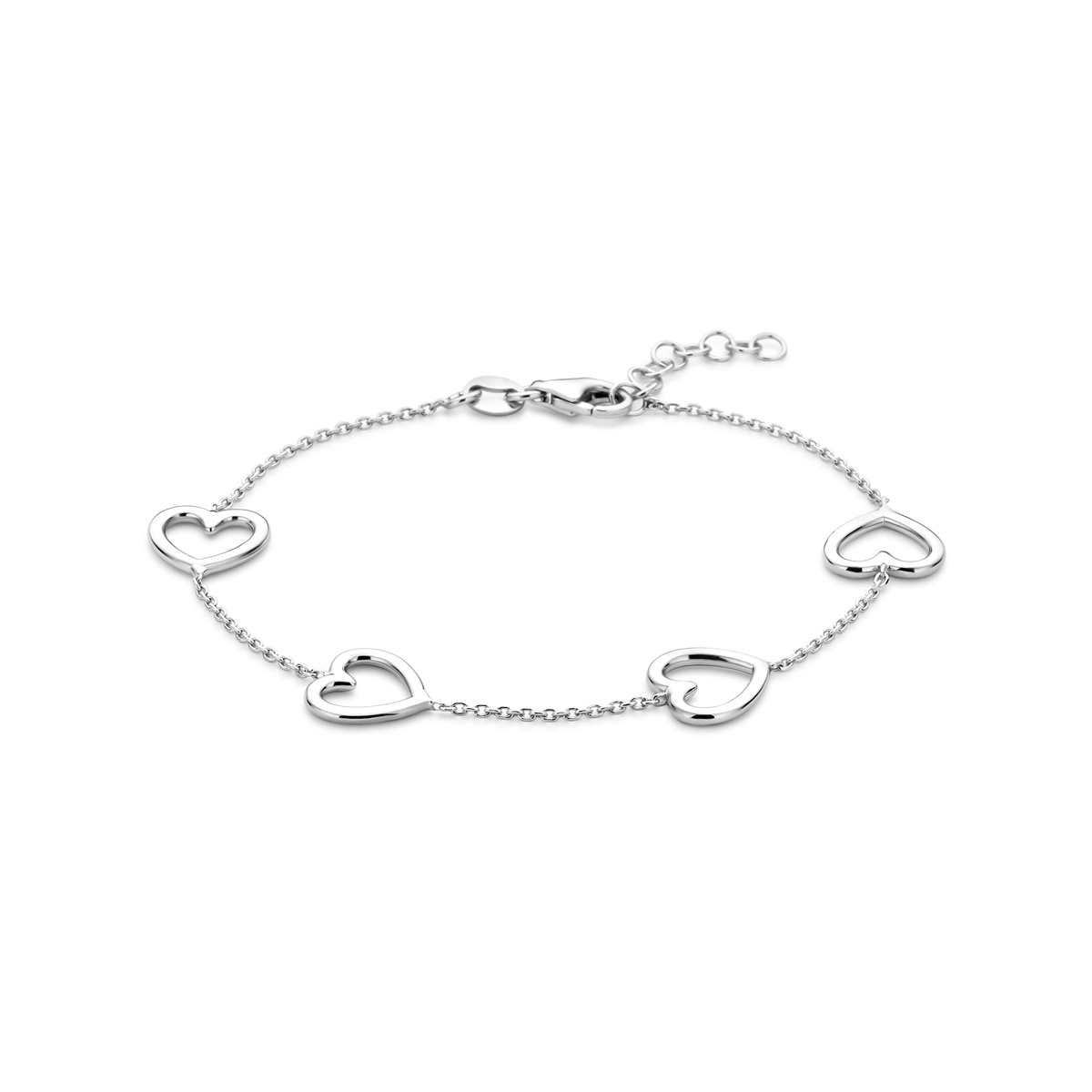 Gerhodineerd 925 zilveren armband uitgevoerd met hartjes. De armband heeft een draaglengte van 17cm met 2cm extensie. Uitgevoerd met karabijnsluiting.