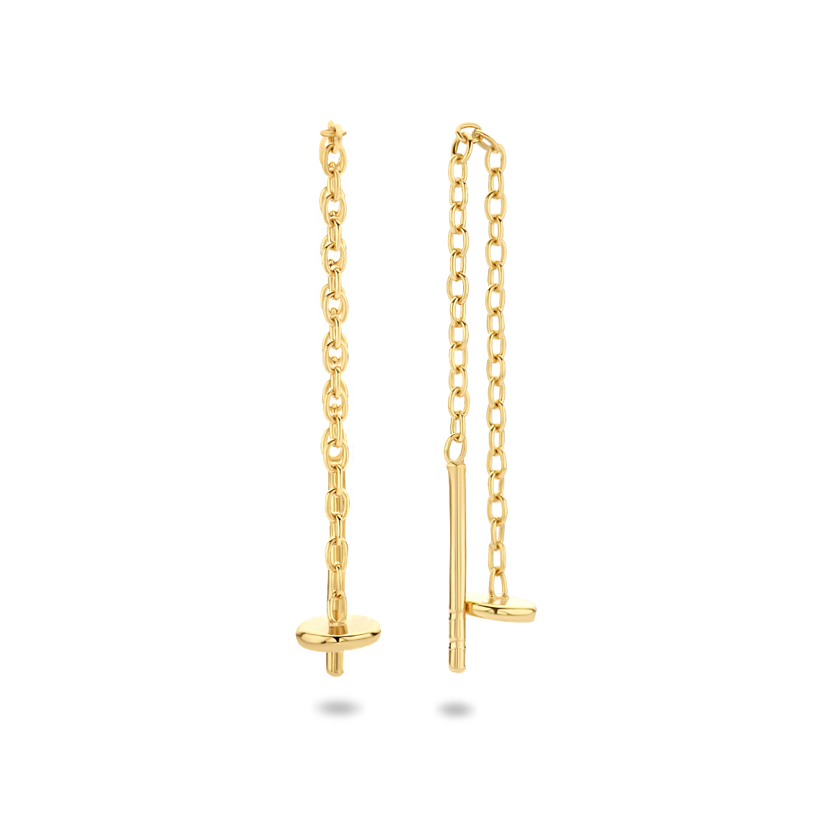 Verguld op 925 zilveren doortrekoorbellen uitgevoerd met een rondje. De oorbellen hebben een lengte van 5cm. Het rondje heeft een diameter van 4mm. Geen garantie op plating.