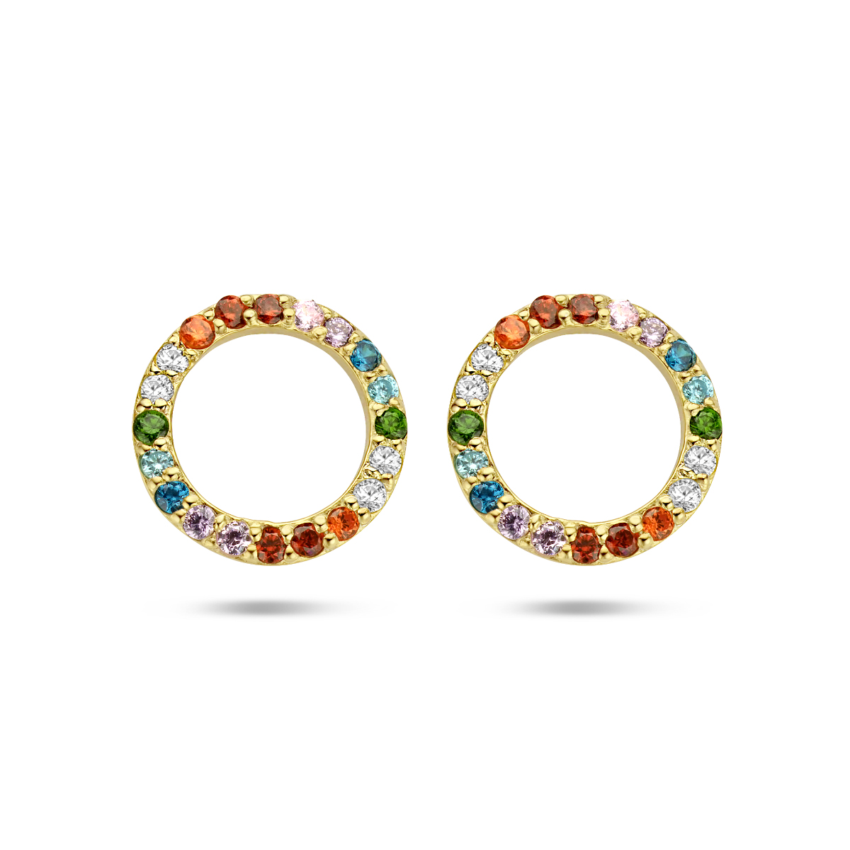 Verguld op 925 zilveren oorknoppen in de vorm van een rondje. Uitgevoerd met een gekleurde zirkonia rij. De oorknoppen hebben een diameter van 10mm. Geen garantie op de plating.