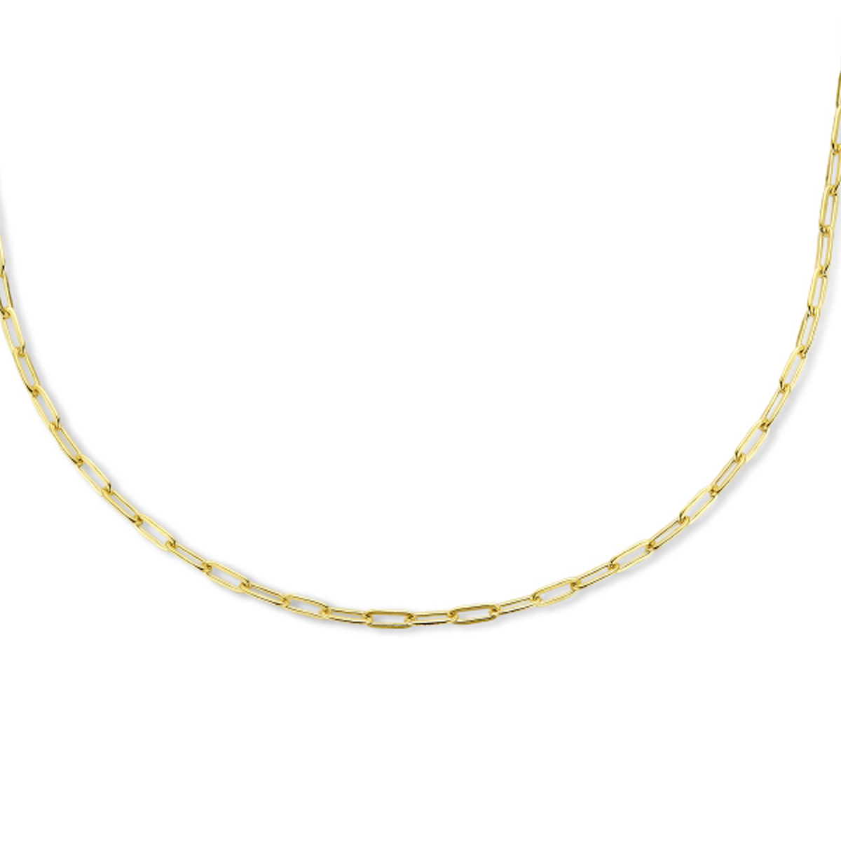Verguld op 925 zilveren paperclip collier uitgevoerd met een karabijnsluiting. Het collier heeft een schakelbreedte van 2.2mm. Geen garantie op plating.