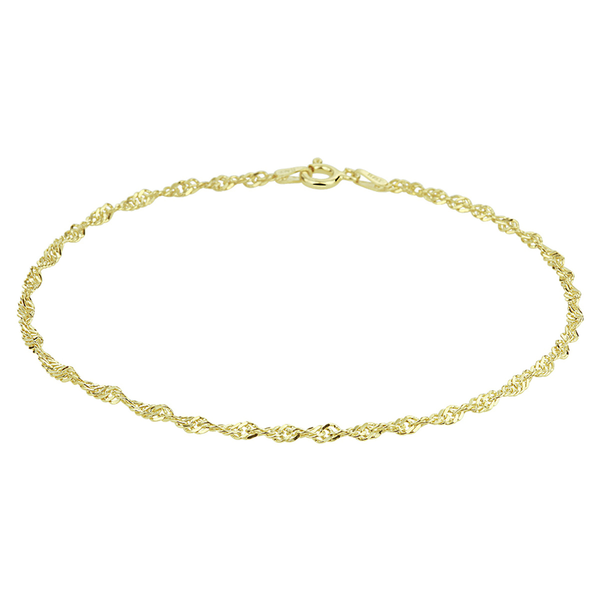 Stijlvol geelgoud op zilveren enkelbandje met een singapore schakel. De schakelbreedte is 2.25mm en de draaglengte 24cm. 