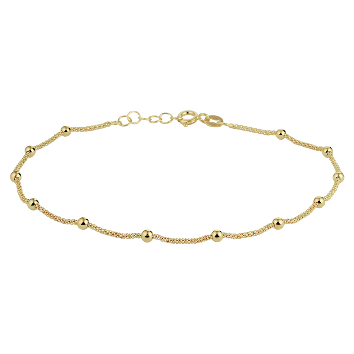 Trendy geelgoud op zilveren enkelbandje uitgevoerd met poli afgewerkte bolletjes van 3mm. Met een draaglengte van 24cm en een extensie van 2cm. Tip: Leuk om kado te geven! Geen garantie op plating.
