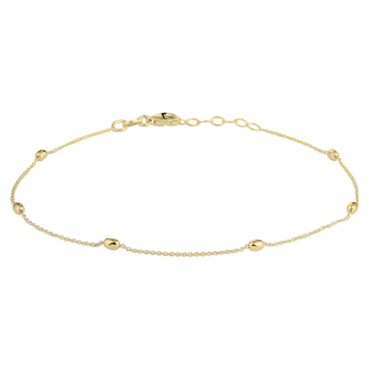 Trendy verguld op zilveren enkelbandje uitgevoerd met poli afgewerkte ovaal gevormde bolletjes met afmetingen van 2.5x3.6mm. Met een draaglengte van 24cm en een extensie van 2cm. Het enkelbandje heeft een karabijn sluiting. Tip: Leuk om kado te geven! De schakelbreedte is 1.0mm. Geen garantie op plating.