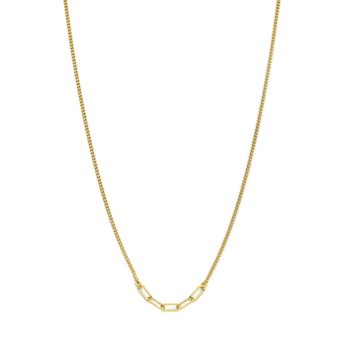 Verguld op 925 zilveren collier met een draaglengte van 40cm met 5cm extensie. Het collier heeft schakelbreedtes van 1.8mm en 3.6mm. Uitgevoerd met karabijnsluiting. Geen garantie op de plating.