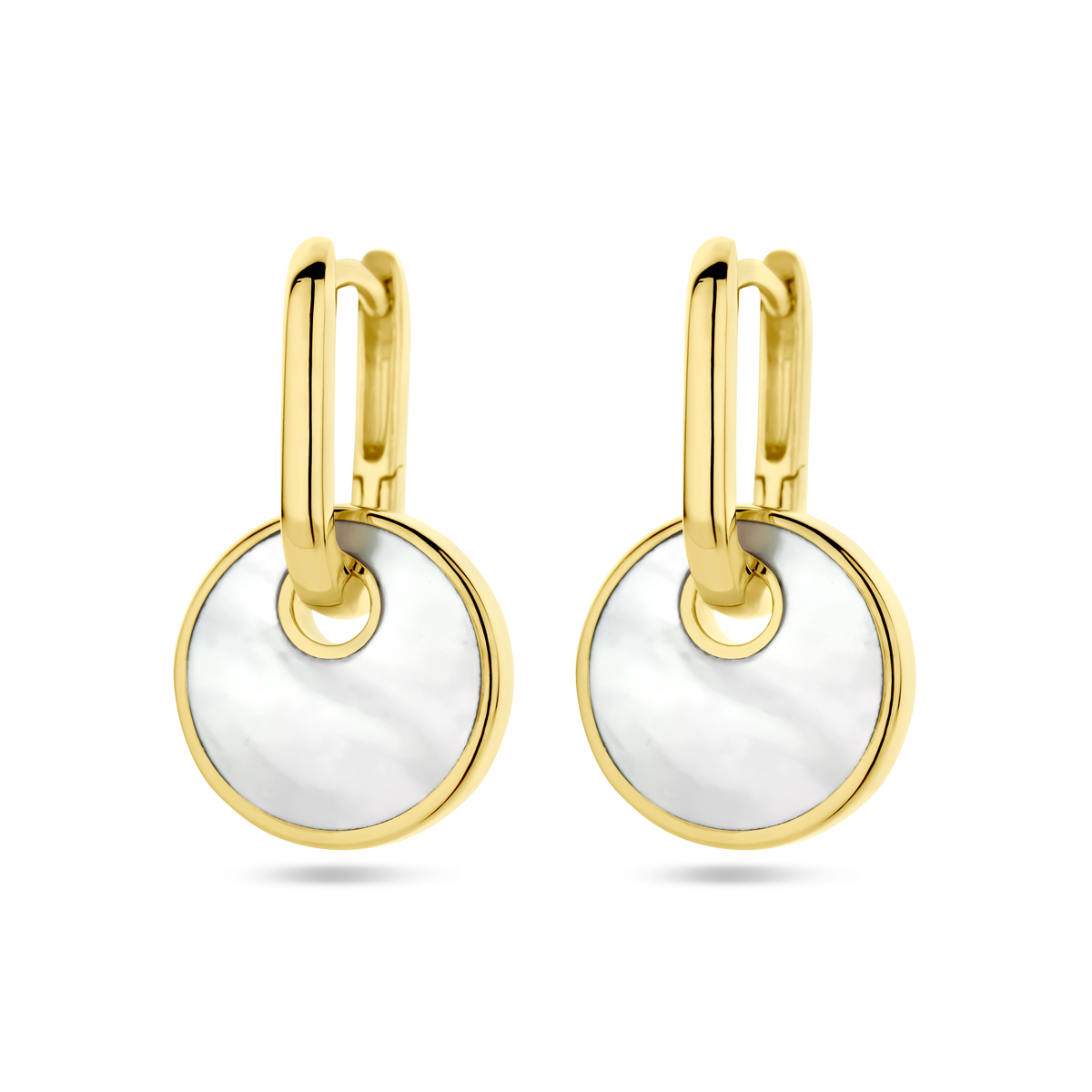Verguld op zilveren klapoorringen uitgevoerd met parelmoer. De oorringen hebben een afmeting van 14x1.8mm.