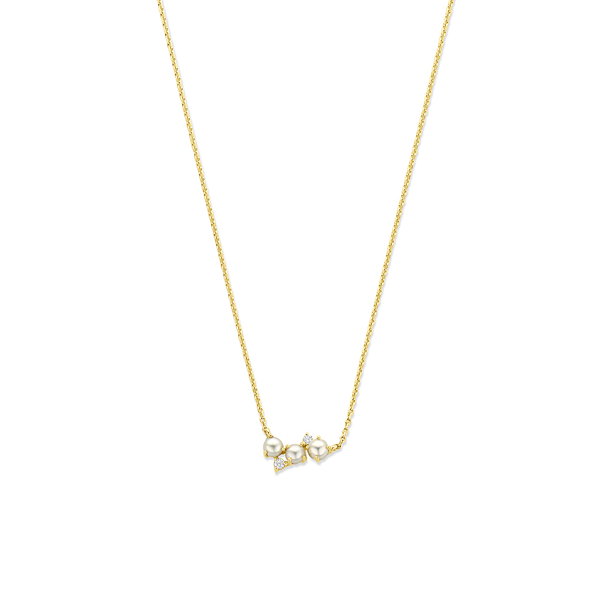 Verguld op 925 zilveren collier uitgevoerd met zoetwaterparels en zirkonia. Het collier heeft een draaglengte van 42cm met een extensie van 3cm en een stevige karabijn sluiting. De schakelbreedte is 0.8mm. Geen garantie op plating.