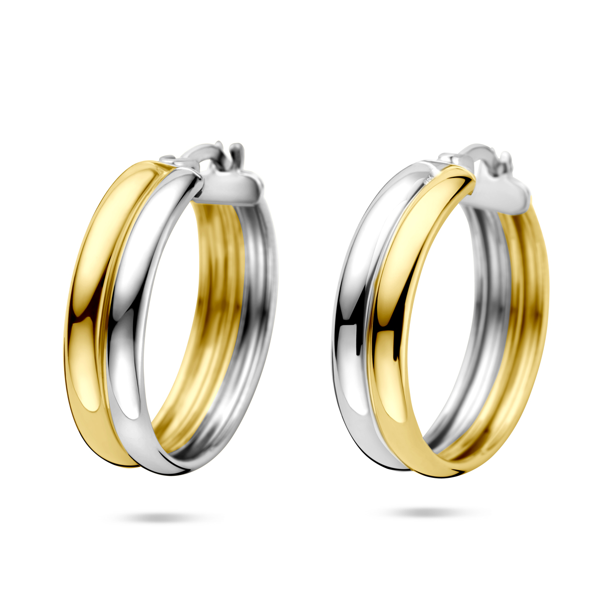 Verguld geel en gerhodineerd 925 zilveren oorringen met een afmeting van 23x6mm. Geen garantie op plating.