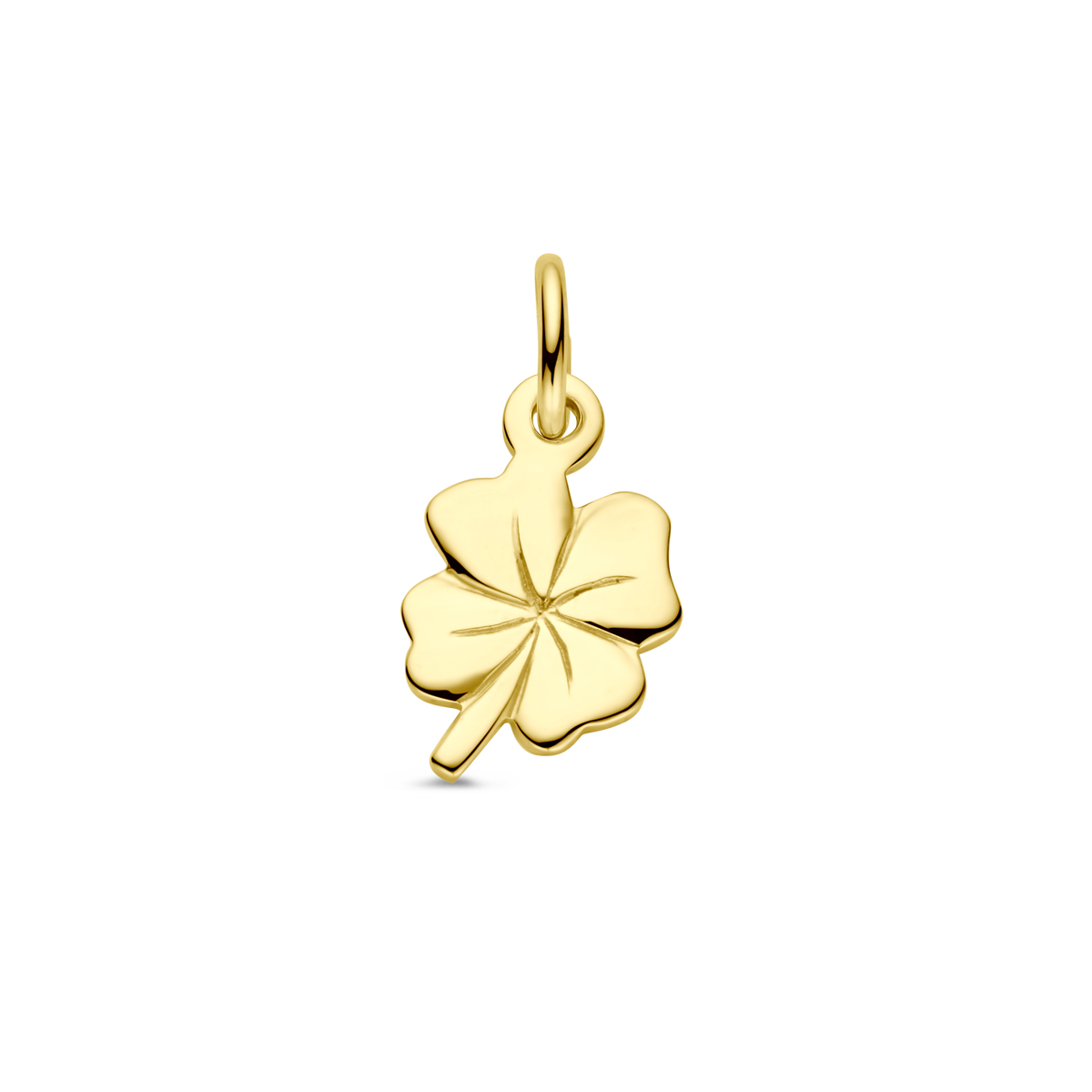 Geelgouden klaver hanger uitgevoerd met een stevig hangoog. De hanger is in verschillende afmetingen te verkrijgen in onze collectie.