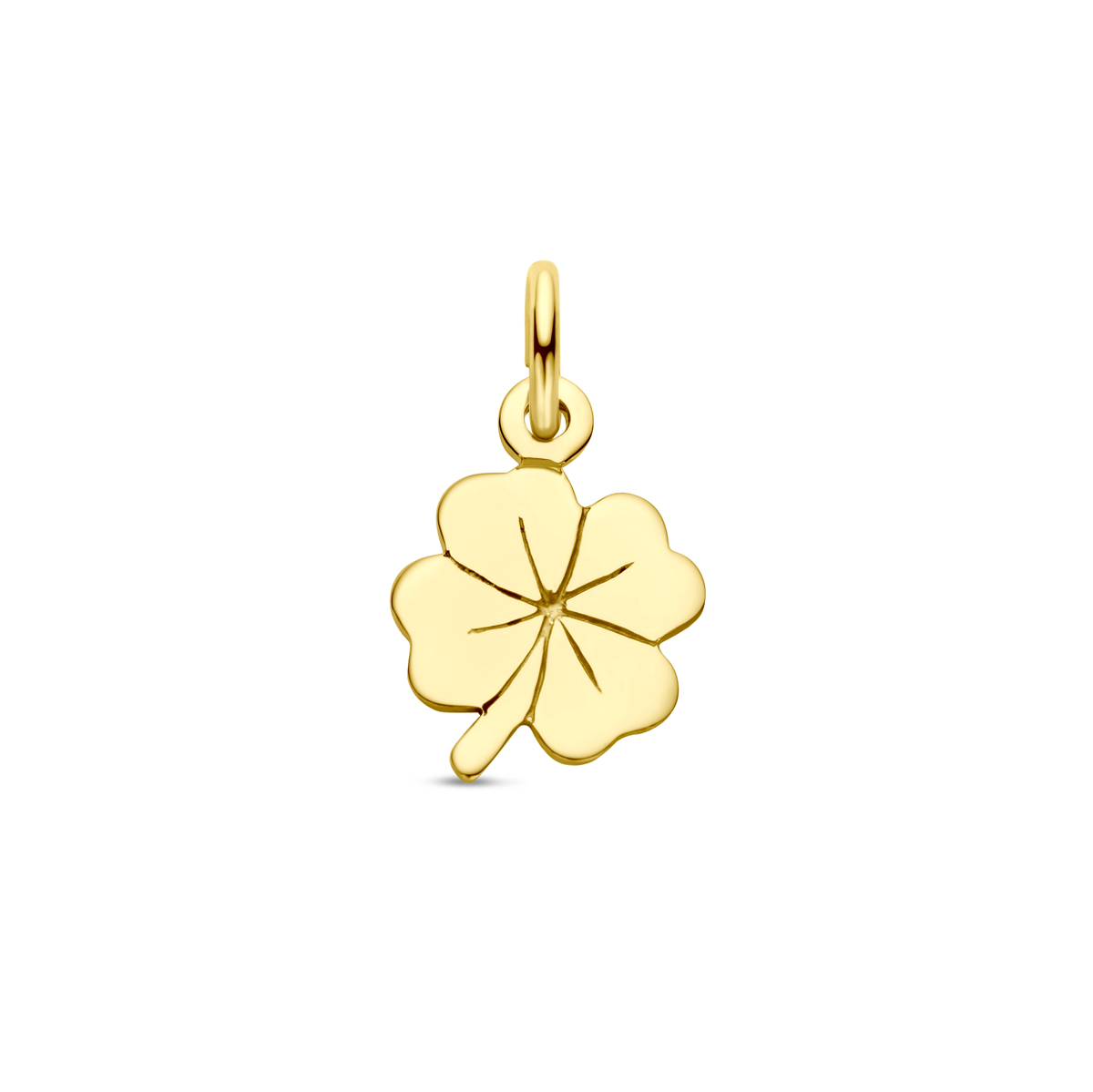 Geelgouden klaver hanger uitgevoerd met een stevig hangoog. De hanger is in verschillende afmetingen te verkrijgen in onze collectie.