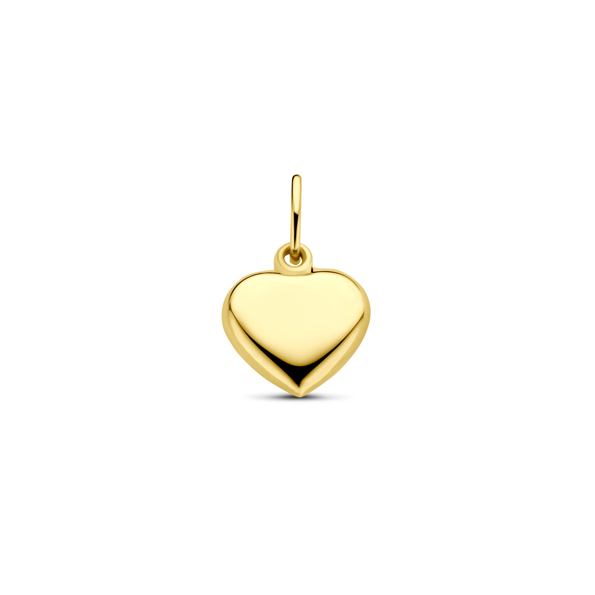 Geelgouden hanger met een hart uitgevoerd met een stevig hangoog. De hanger is ook verkrijgbaar in het wigoud.