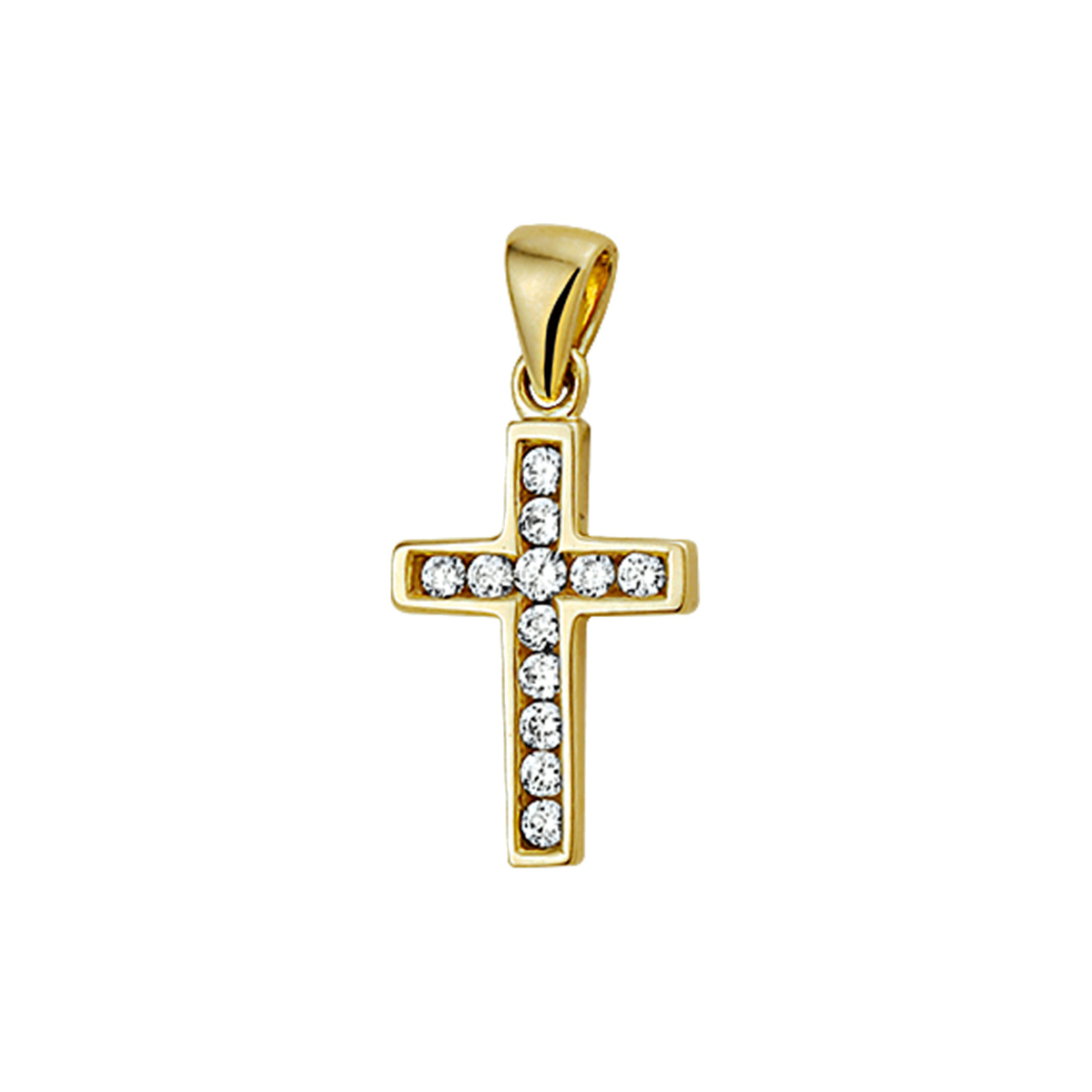 Geelgouden hanger met een kruis en zirkonia.