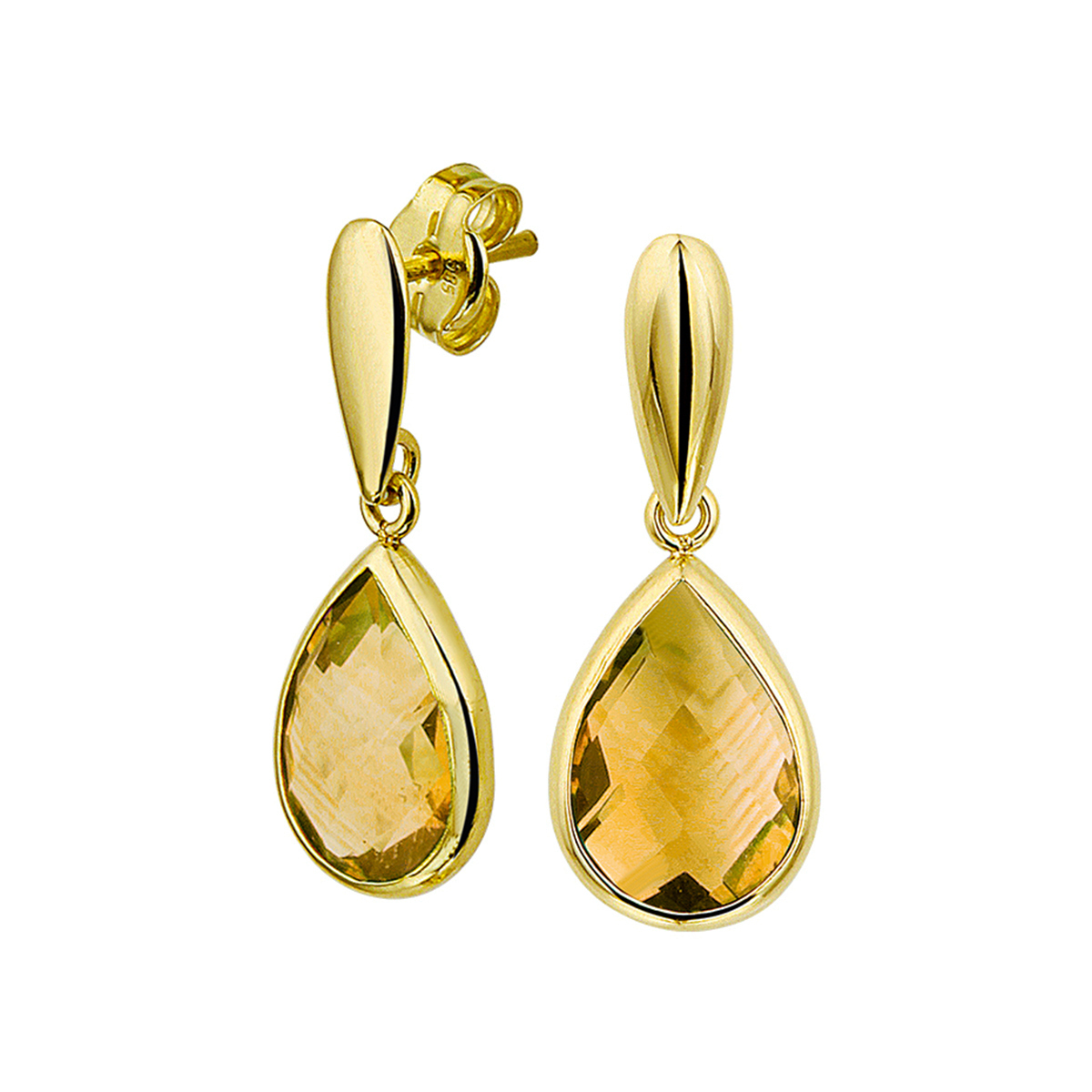 Geelgouden oorhangers met citrien. De oorhangers zijn onderdeel van een set.