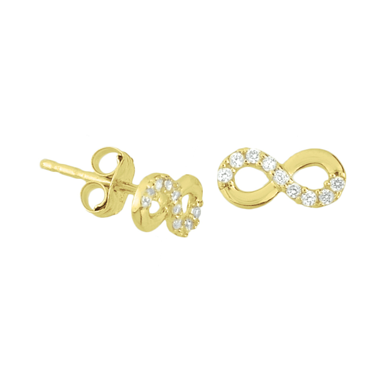 Geelgouden oorknoppen met infinity teken en zirkonia.