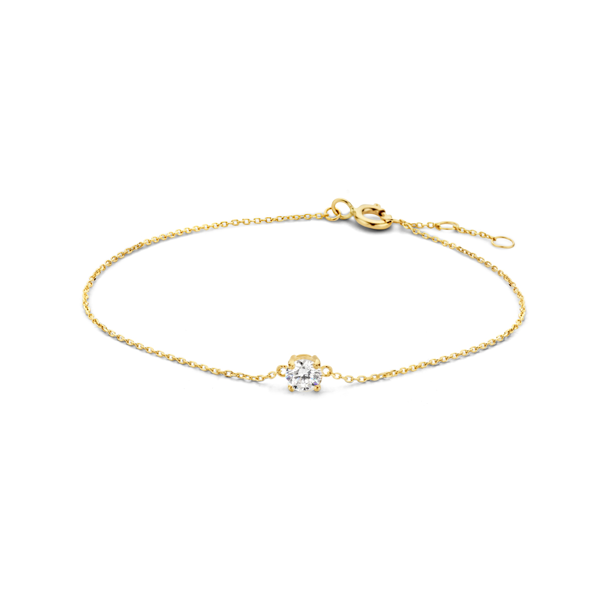 14k Geelgouden anker armband uitgevoerd met een schitterende zirkonia. Deze armband met draaglengtes van 16.5, 17.5 en 18.5cm past bij iedere outfit en is met veel andere sieraden te combineren. De steen heeft een diameter van 4mm. De schakelbreedte is 0.8mm.