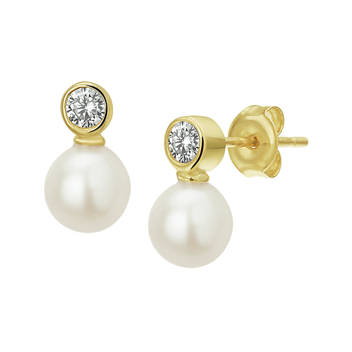 Klassieke geelgouden oorknoppen uitgevoerd met een parel en briljant geslepen zirkonia in een zetkast. De oorknoppen hebben een afmeting van 9x5mm de parel 5mm en de zirkonia 2.5mm. De oorknoppen zijn te combineren met bijpassende sieraden uit onze collectie.