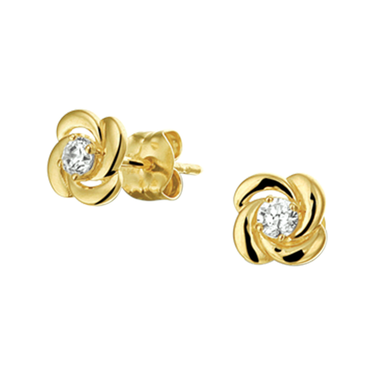 14k Geelgouden oorknoppen uitgevoerd met zirkonia. De oorknoppen hebben een afmeting van 6,5x3,5mm.